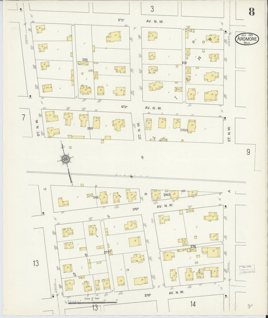 Sanborn Fire Insurance Map from Ardmore, Carter County, Oklahoma (1913), Sheet #0008 - Historic Sanborn Fire Insurance Map Print, vintage old map wall art, antique decor, genealogy gift, Oklahoma Oklahoma map