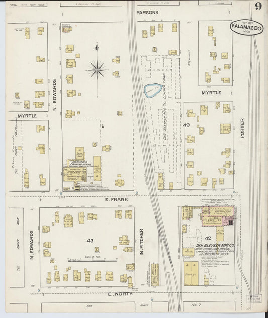 Sanborn Fire Insurance Map from Kalamazoo, Kalamazoo County, Michigan (1887), Sheet #0009 - Historic Sanborn Fire Insurance Map Print, vintage old map wall art, antique decor, genealogy gift, Michigan Michigan map