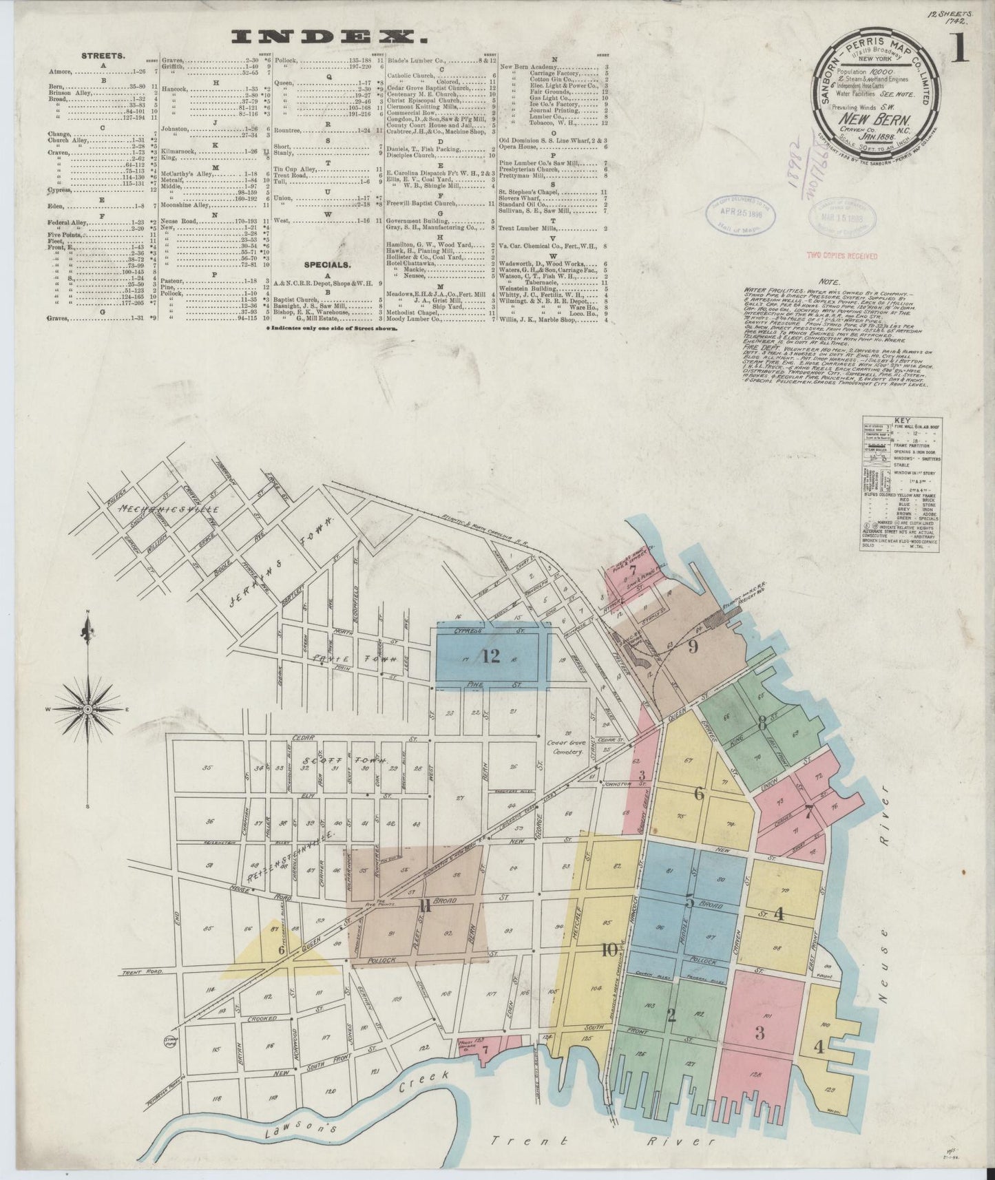 Sanborn Fire Insurance Map from New Bern, Craven County, North Carolina (1898), Sheet #0001 - Historic Sanborn Fire Insurance Map Print, vintage old map wall art, antique decor, genealogy gift, North Carolina North Carolina map