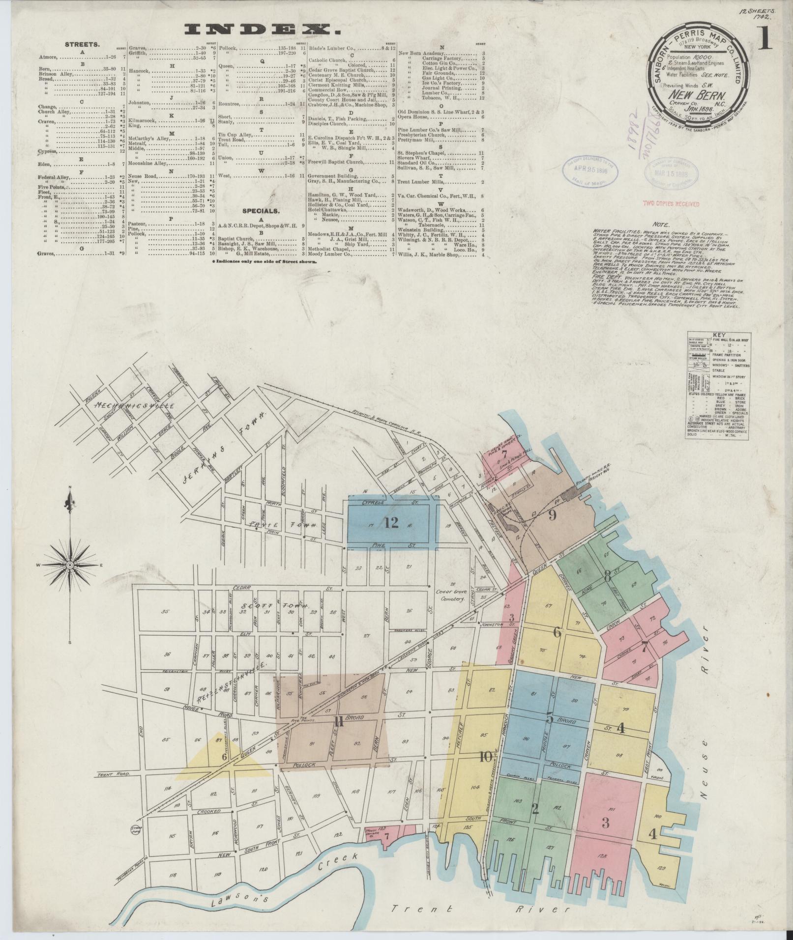 Sanborn Fire Insurance Map from New Bern, Craven County, North Carolina (1898), Sheet #0001 - Historic Sanborn Fire Insurance Map Print, vintage old map wall art, antique decor, genealogy gift, North Carolina North Carolina map