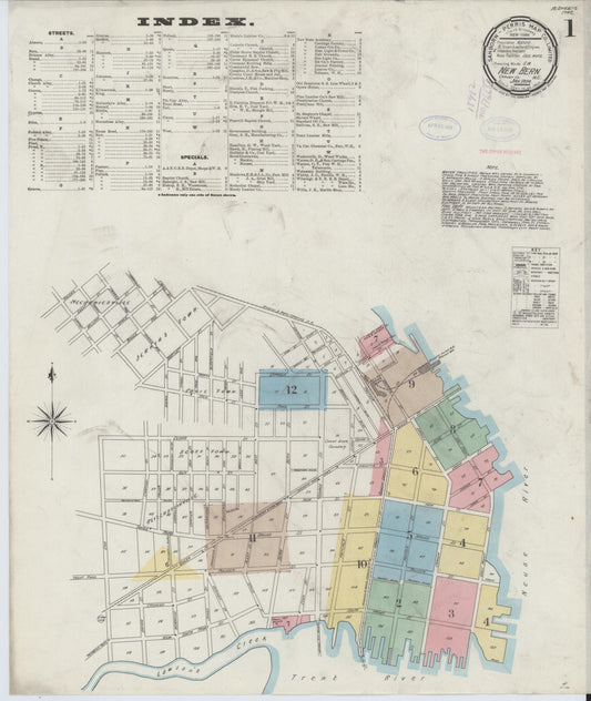Sanborn Fire Insurance Map from New Bern, Craven County, North Carolina (1898), Sheet #0001 - Historic Sanborn Fire Insurance Map Print, vintage old map wall art, antique decor, genealogy gift, North Carolina North Carolina map