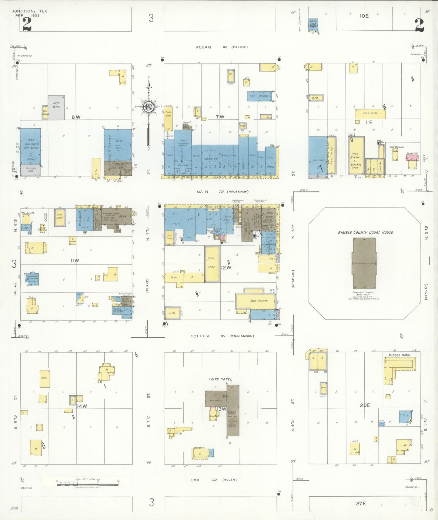 Sanborn Fire Insurance Map from Junction, Kimble County, Texas (1933), Sheet #0002 - Historic Sanborn Fire Insurance Map Print, vintage old map wall art, antique decor, genealogy gift, Texas Texas map