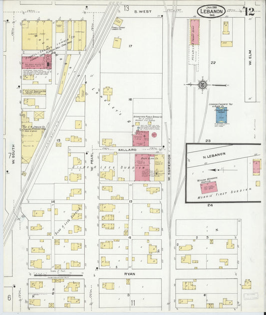 Sanborn Fire Insurance Map from Lebanon, Boone County, Indiana (1919), Sheet #0012 - Historic Sanborn Fire Insurance Map Print, vintage old map wall art, antique decor, genealogy gift, Indiana Indiana map