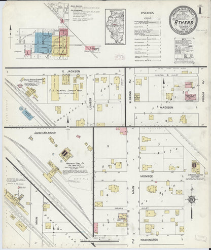 Sanborn Fire Insurance Map from Athens, Menard County, Illinois (1914), Sheet #0001 - Historic Sanborn Fire Insurance Map Print, vintage old map wall art, antique decor, genealogy gift, Illinois Illinois map