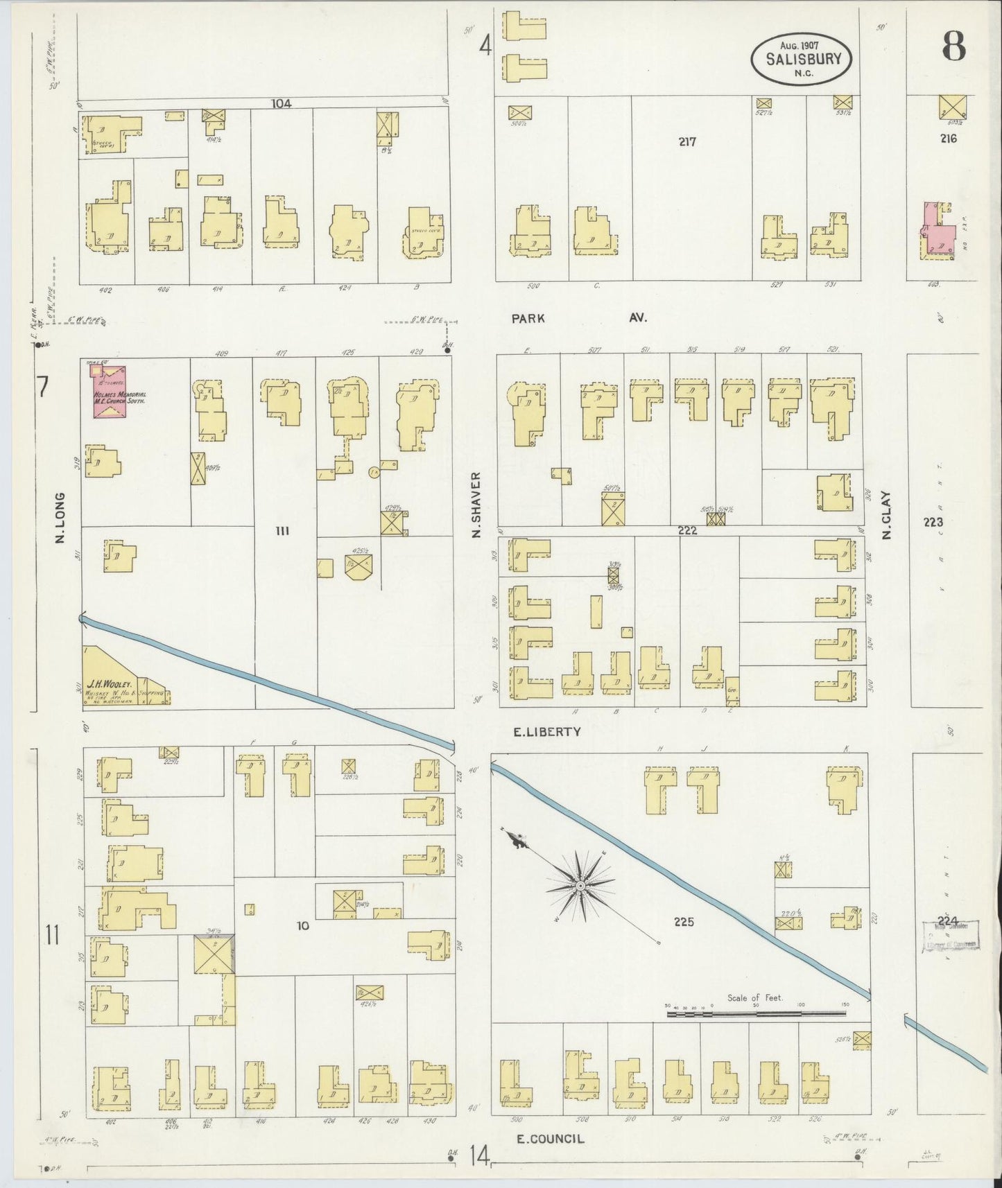 Sanborn Fire Insurance Map from Salisbury, Rowan County, North Carolina (1907), Sheet #0008 - Historic Sanborn Fire Insurance Map Print, vintage old map wall art, antique decor, genealogy gift, North Carolina North Carolina map