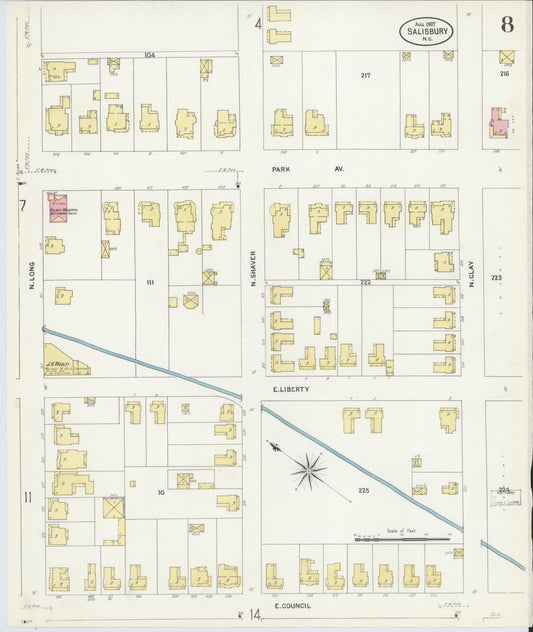 Sanborn Fire Insurance Map from Salisbury, Rowan County, North Carolina (1907), Sheet #0008 - Historic Sanborn Fire Insurance Map Print, vintage old map wall art, antique decor, genealogy gift, North Carolina North Carolina map