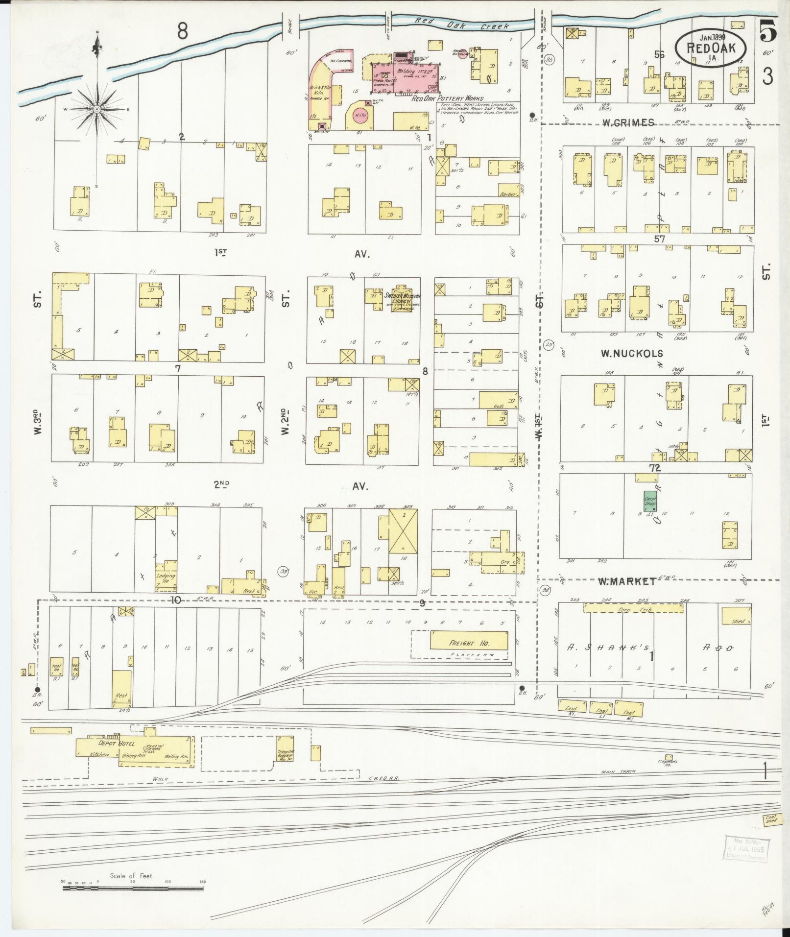 Sanborn Fire Insurance Map from Red Oak, Montgomery County, Iowa (1899), Sheet #0005 - Historic Sanborn Fire Insurance Map Print, vintage old map wall art