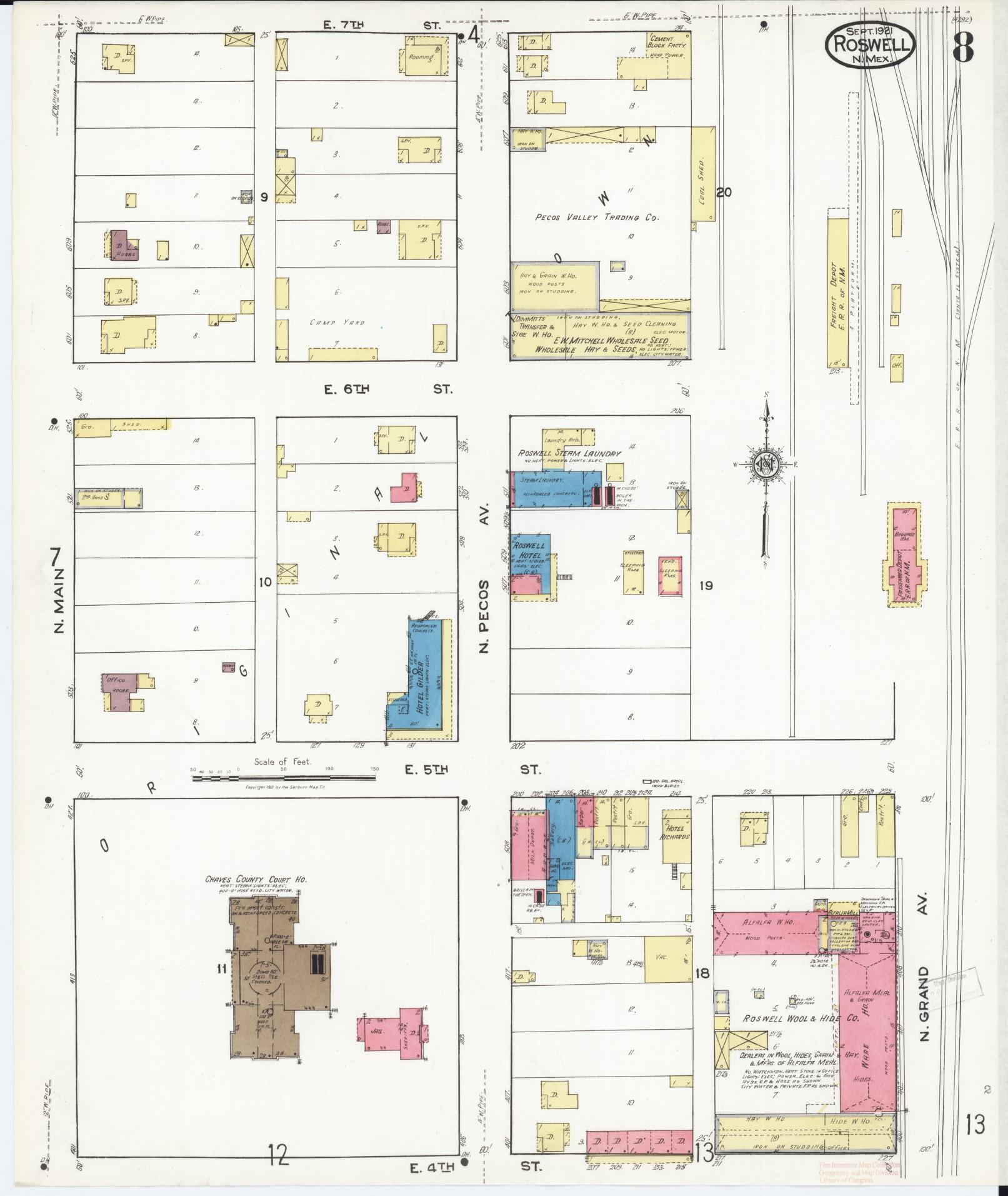 Sanborn Fire Insurance Map from Roswell, Chaves County, New Mexico (1921), Sheet #0008 - Complete Map Set gallery image, historic Sanborn map, vintage wall art, New Mexico New Mexico