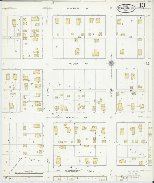 Sanborn Fire Insurance Map from Fergus Falls, Otter Tail County, Minnesota (1915), Sheet #0013 - Historic Sanborn Fire Insurance Map Print, vintage old map wall art, antique decor, genealogy gift, Minnesota Minnesota map