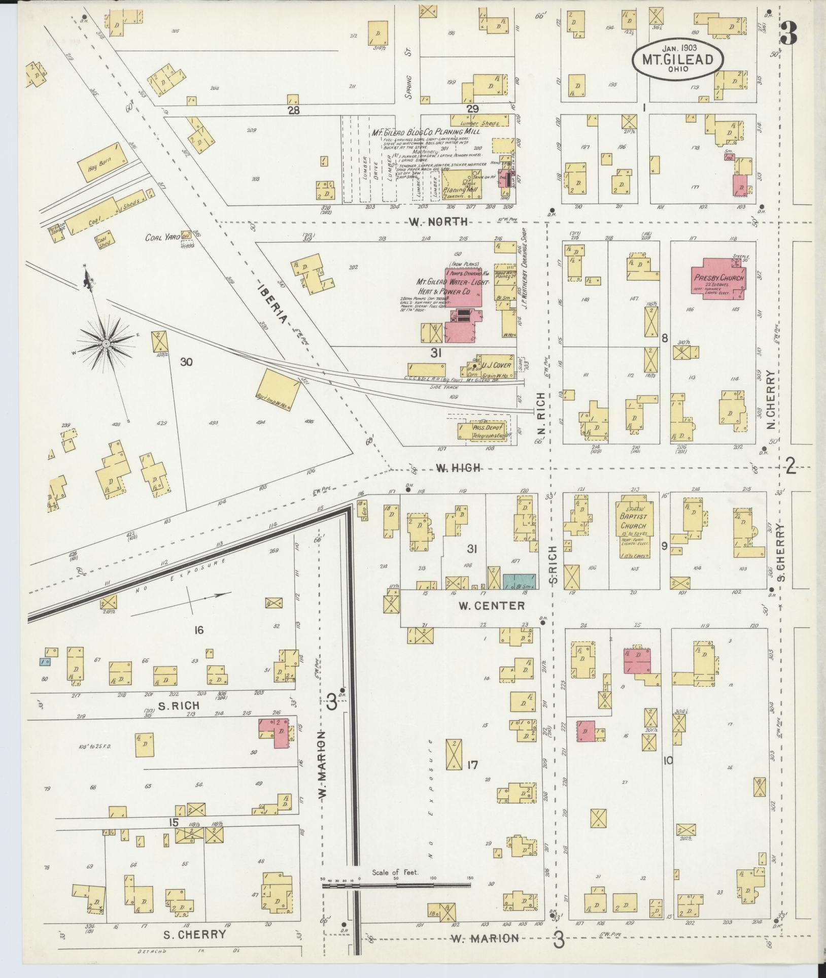 Sanborn Fire Insurance Map from Mount Gilead, Morrow County, Ohio (1903), Sheet #0003 - Complete Map Set gallery image, historic Sanborn map, vintage wall art, Ohio Ohio