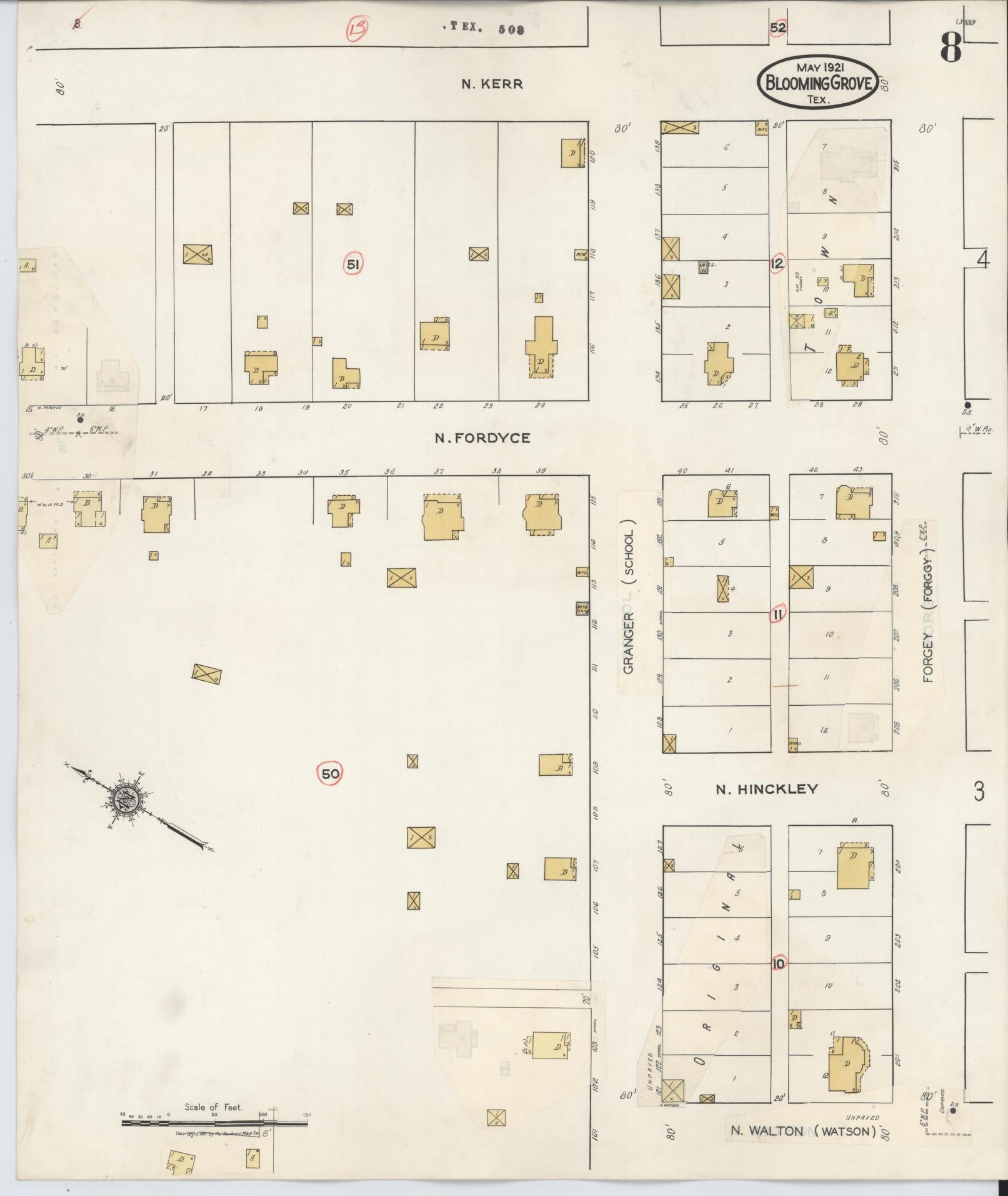 Sanborn Fire Insurance Map from Blooming Grove, Navarro County, Texas (1934), Sheet #0008 - Historic Sanborn Fire Insurance Map Print, vintage old map wall art, antique decor, genealogy gift, Texas Texas map