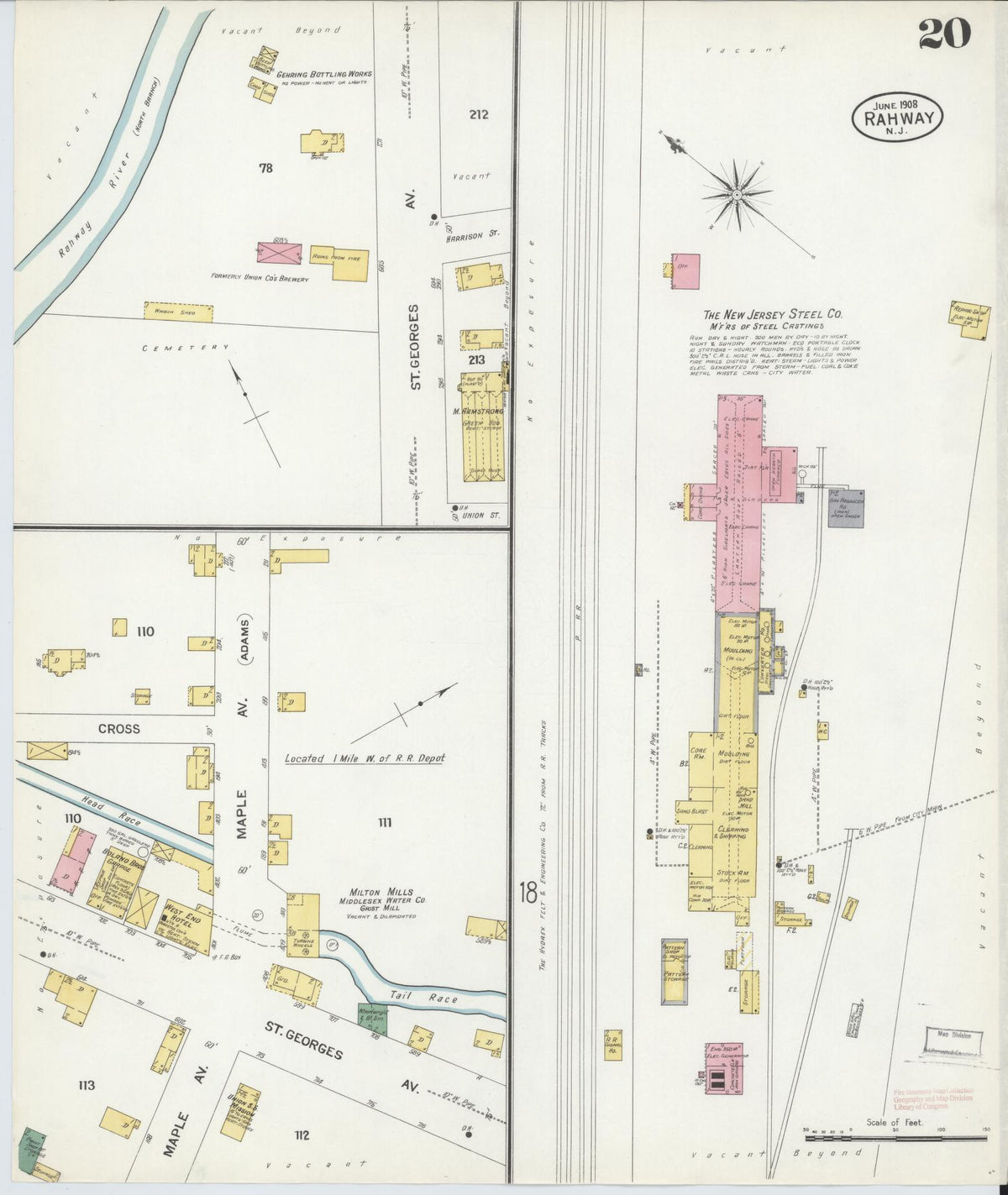 Sanborn Fire Insurance Map from Rahway, Union County, New Jersey (1908), Sheet #0020 - Historic Sanborn Fire Insurance Map Print, vintage old map wall art, antique decor, genealogy gift, New Jersey New Jersey map
