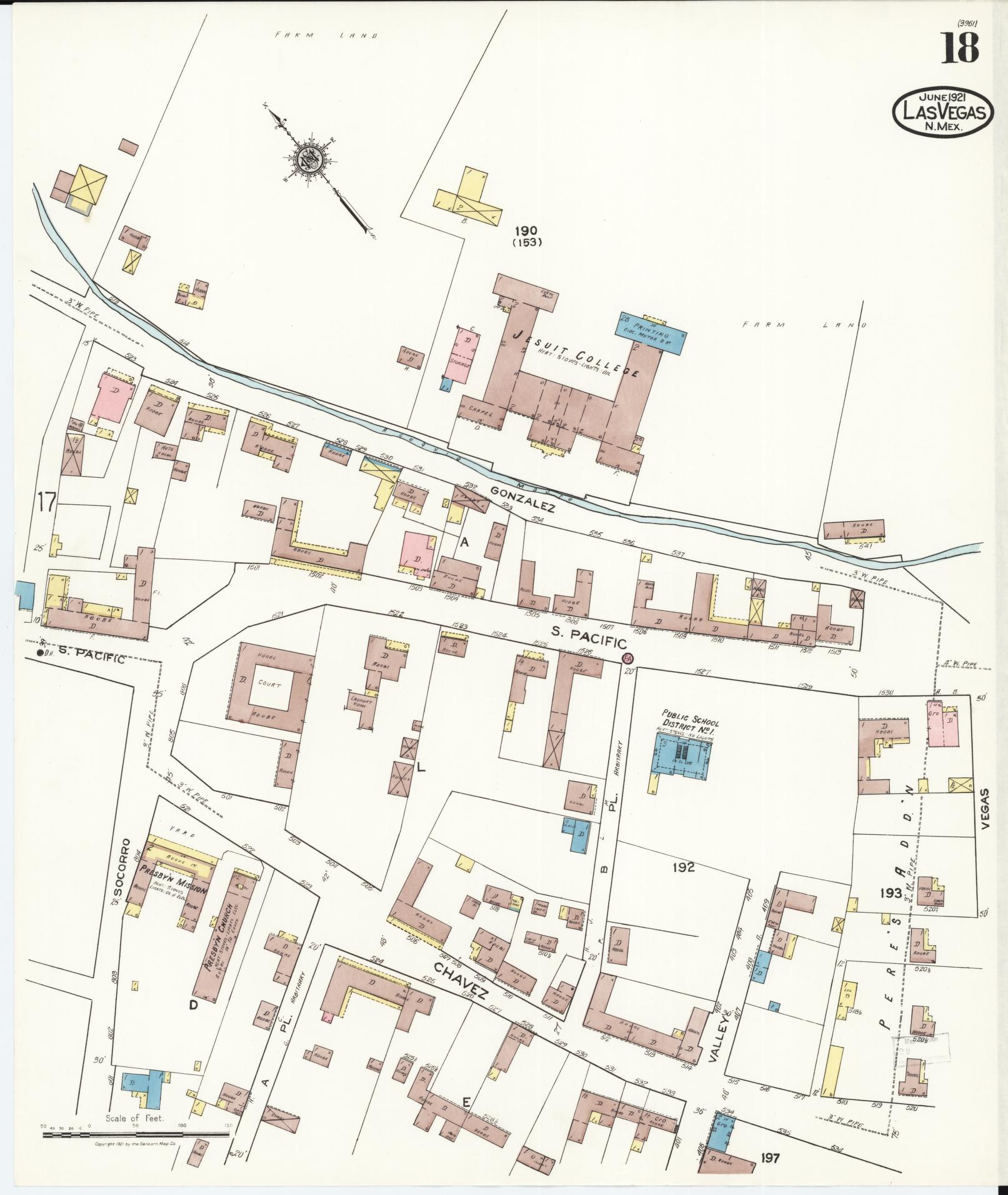 Sanborn Fire Insurance Map from Las Vegas, San Miguel County, New Mexico (1921), Sheet #0018 - Historic Sanborn Fire Insurance Map Print, vintage old map wall art, antique decor, genealogy gift, New Mexico New Mexico map