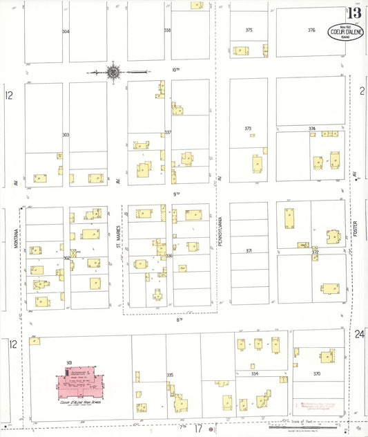 Sanborn Fire Insurance Map from Coeur D'alene, Kootenai County, Idaho (1921), Sheet #0013 - Historic Sanborn Fire Insurance Map Print, vintage old map wall art, antique decor, genealogy gift, Idaho Idaho map
