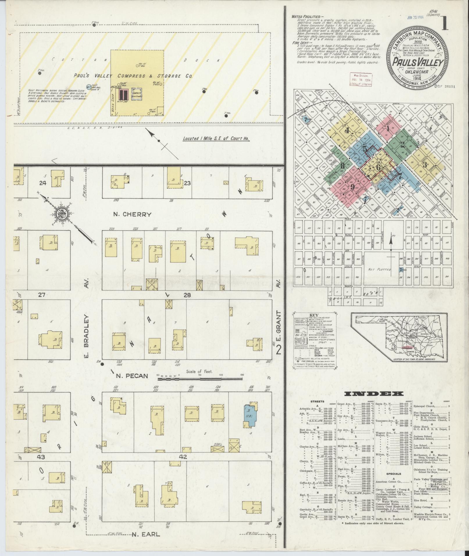Sanborn Fire Insurance Map from Pauls Valley, Garvin County, Oklahoma (1914), Sheet #0001 - Complete Map Set gallery image, historic Sanborn map, vintage wall art, Oklahoma Oklahoma