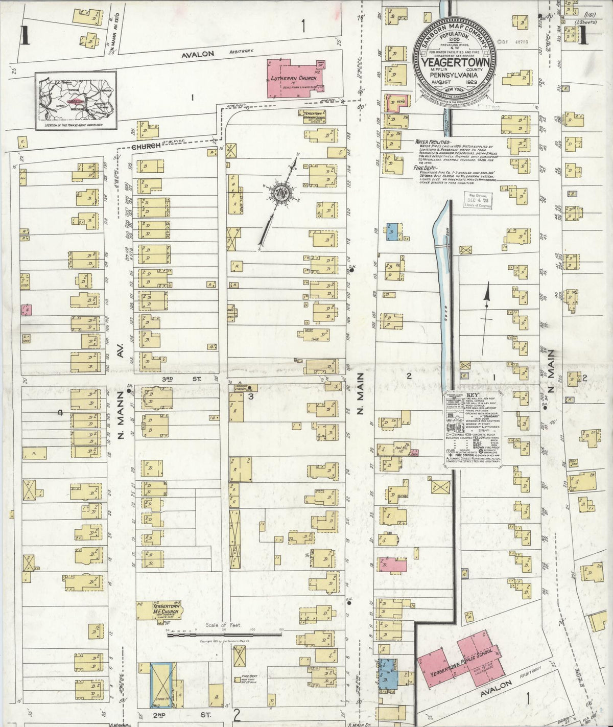 Sanborn Fire Insurance Map from Yeagertown, Mifflin County, Pennsylvania (1923), Sheet #0001 - Historic Sanborn Fire Insurance Map Print, vintage old map wall art, antique decor, genealogy gift, Pennsylvania Pennsylvania map
