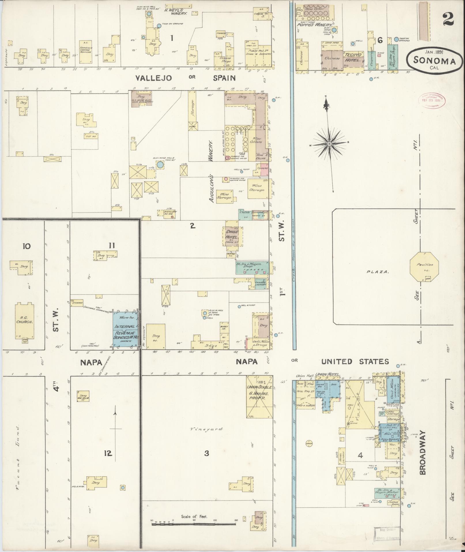 Sanborn Fire Insurance Map from Sonoma, Sonoma County, California (1891), Sheet #0002 - Complete Map Set gallery image, historic Sanborn map, vintage wall art, California California