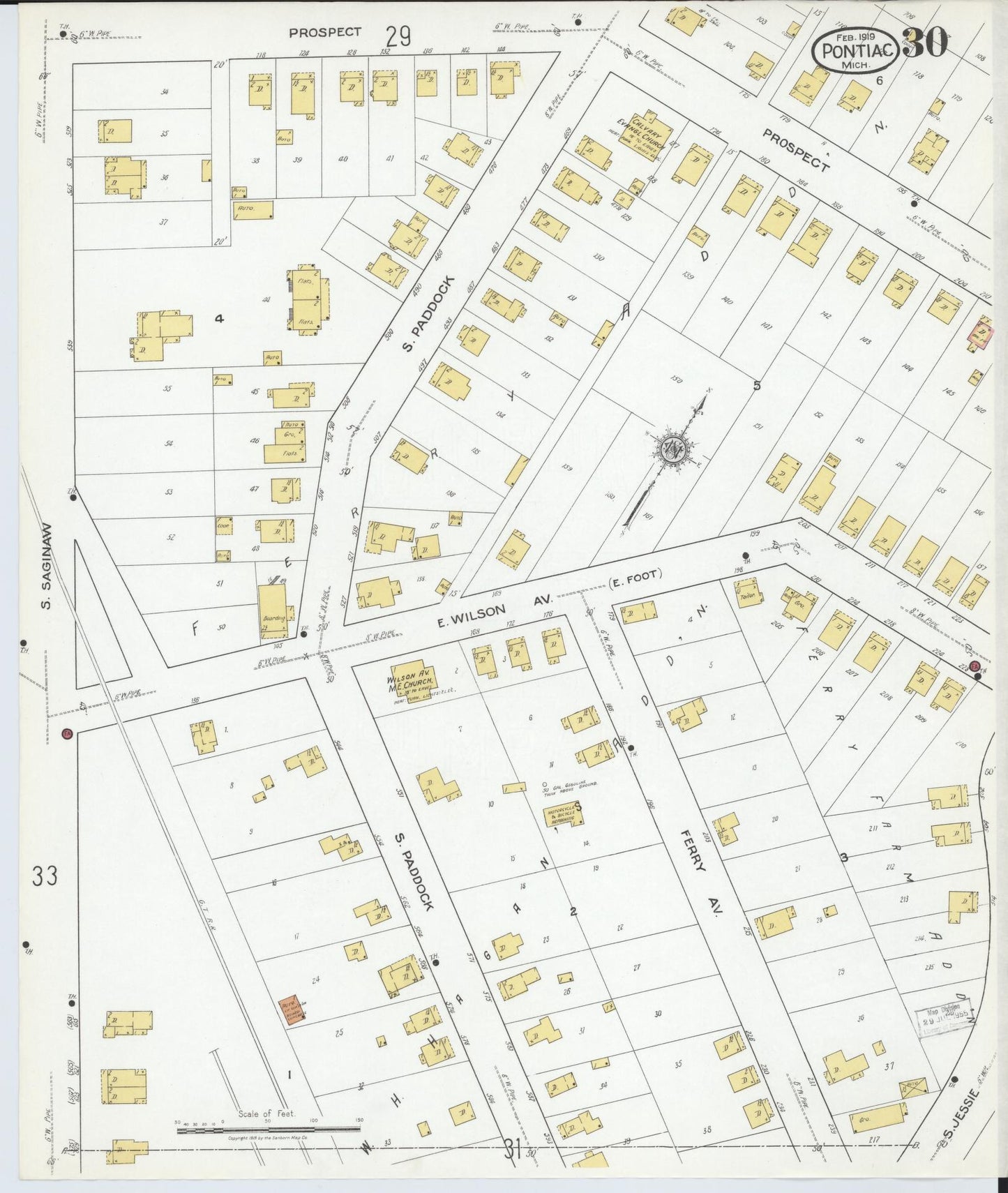 Sanborn Fire Insurance Map from Pontiac, Oakland County, Michigan (1919), Sheet #0030 - Historic Sanborn Fire Insurance Map Print, vintage old map wall art, antique decor, genealogy gift, Michigan Michigan map