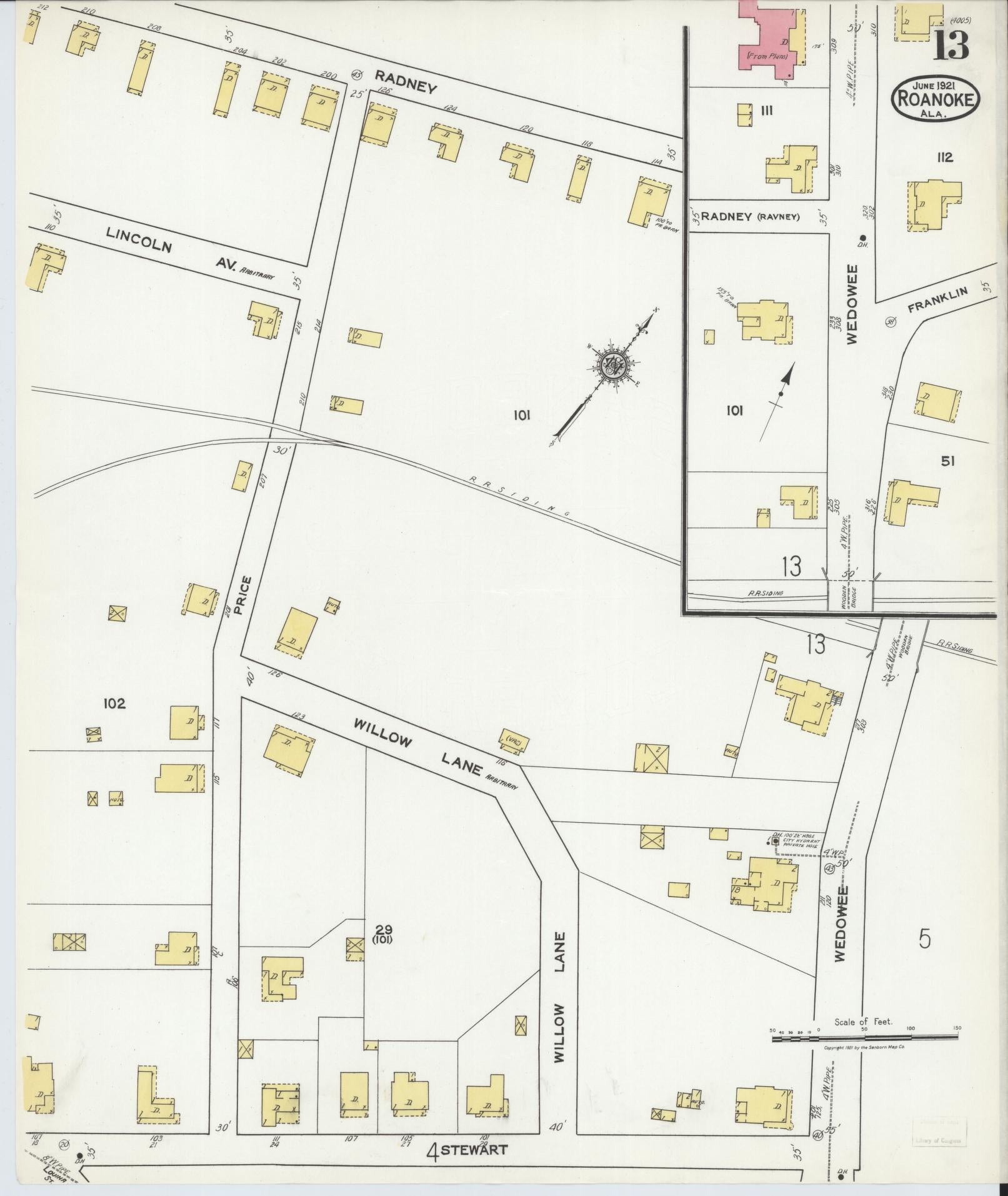 Sanborn Fire Insurance Map from Roanoke, Randolph County, Alabama (1921), Sheet #0013 - Complete Map Set gallery image, historic Sanborn map, vintage wall art, Alabama Alabama