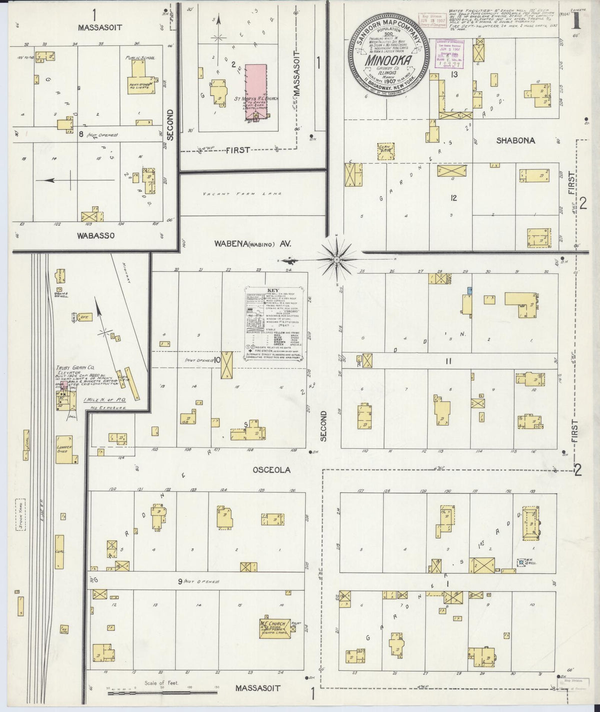 Sanborn Fire Insurance Map from Minooka, Grundy County, Illinois (1907), Sheet #0001 - Complete Map Set gallery image, historic Sanborn map, vintage wall art, Illinois Illinois