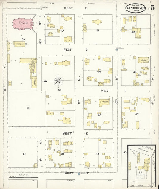 Sanborn Fire Insurance Map from Vancouver, Clark County, Washington (1892), Sheet #0005 - Historic Sanborn Fire Insurance Map Print, vintage old map wall art, antique decor, genealogy gift, Washington Washington map