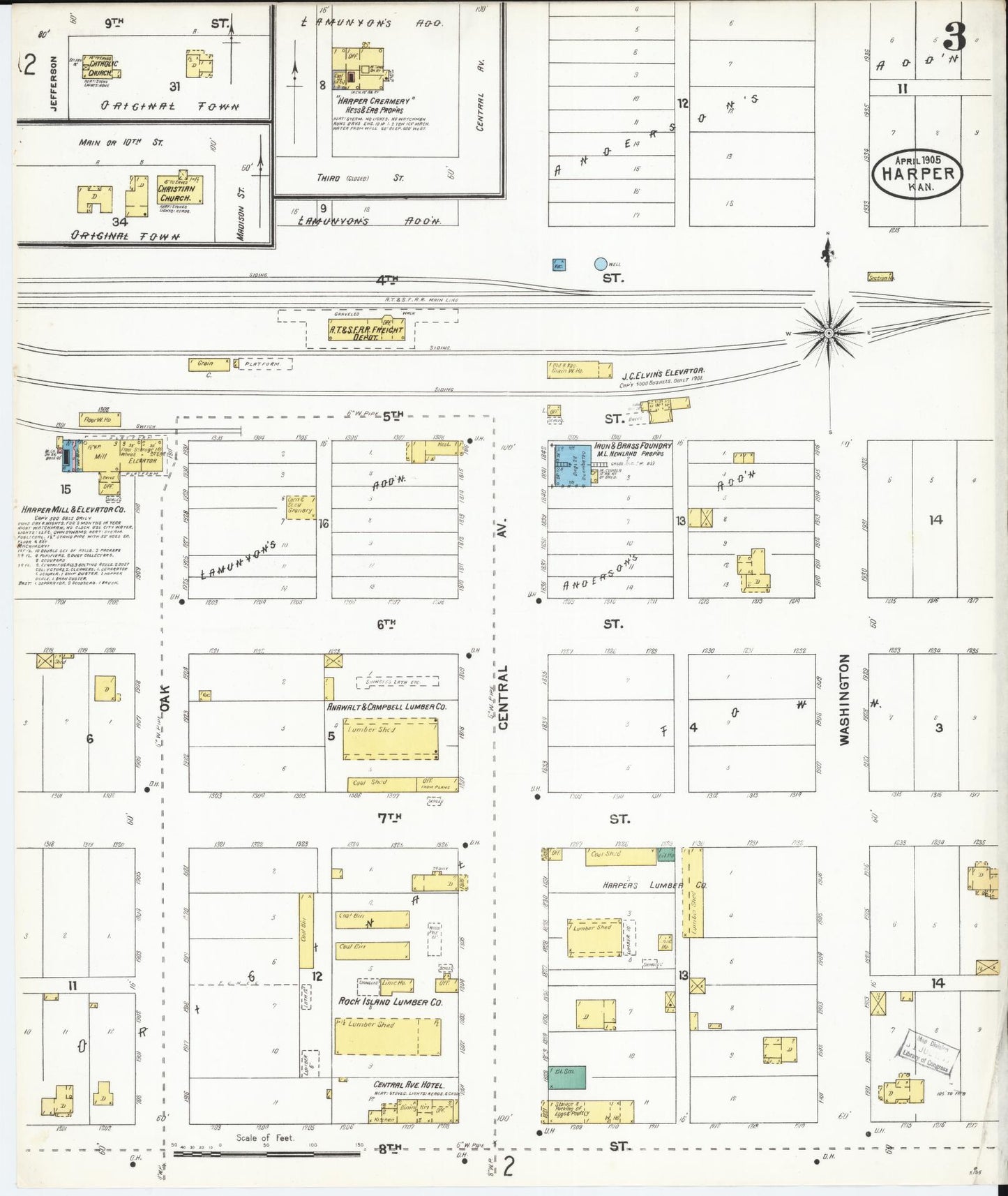 Sanborn Fire Insurance Map from Harper, Harper County, Kansas (1905), Sheet #0003 - Complete Map Set gallery image, historic Sanborn map, vintage wall art, Kansas Kansas