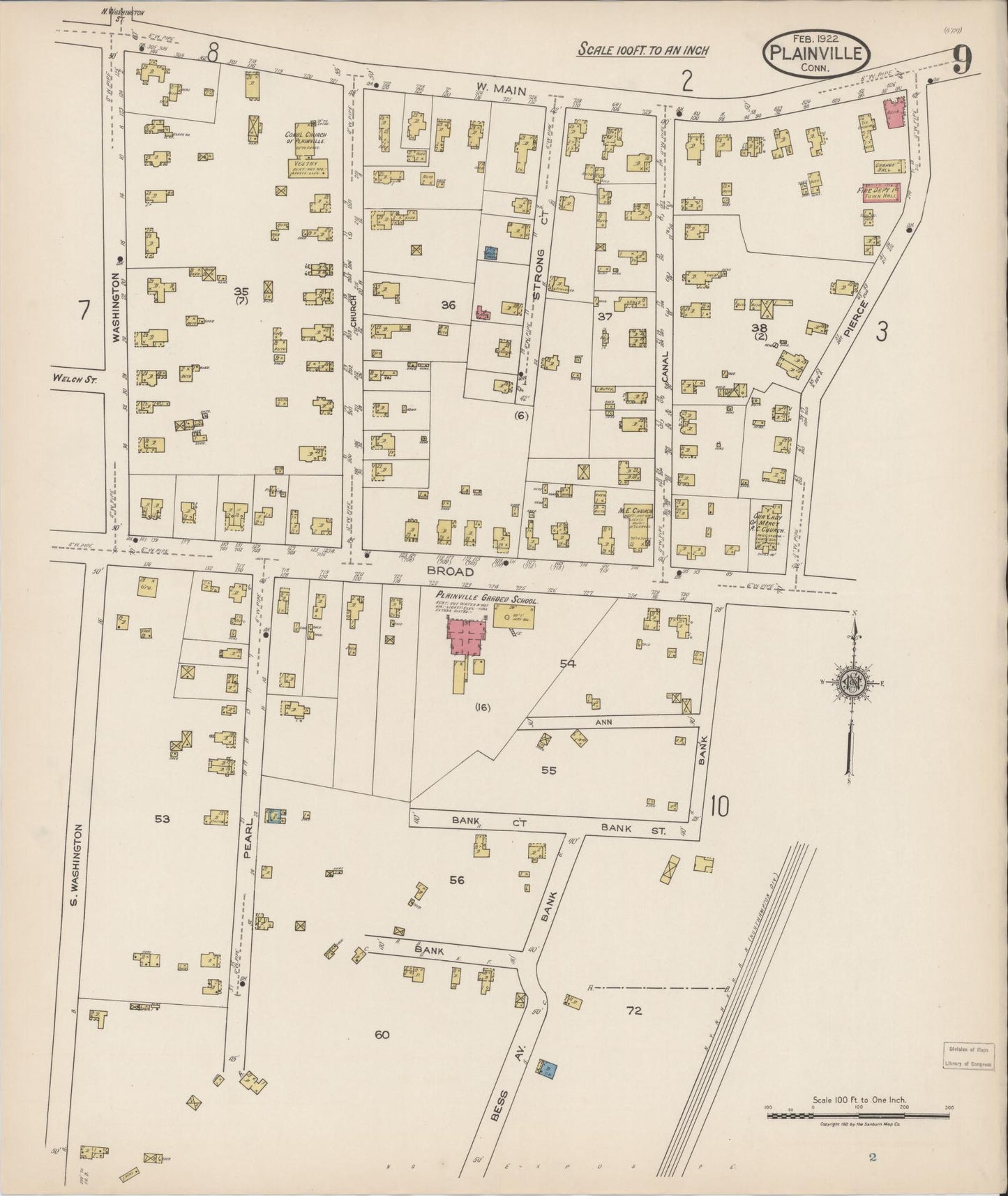 Sanborn Fire Insurance Map from Plainville, Hartford County, Connecticut (1922), Sheet #0009 - Historic Sanborn Fire Insurance Map Print, vintage old map wall art, antique decor, genealogy gift, Connecticut Connecticut map