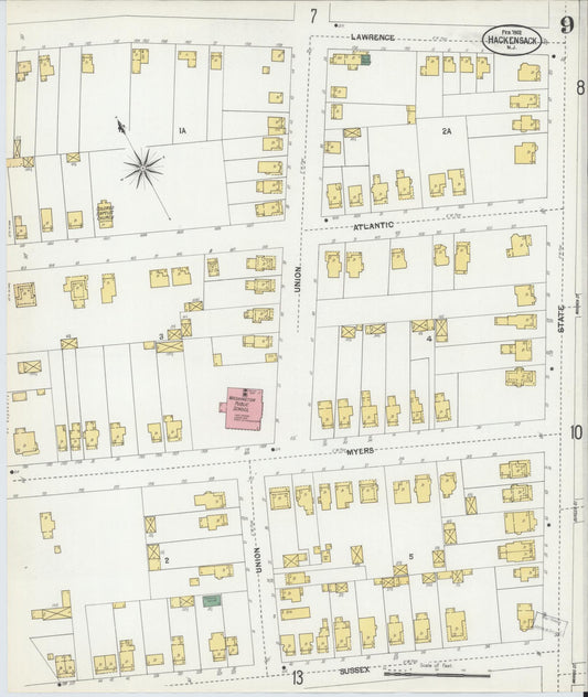 Sanborn Fire Insurance Map from Hackensack, Bergen County, New Jersey (1902), Sheet #0009 - Historic Sanborn Fire Insurance Map Print, vintage old map wall art, antique decor, genealogy gift, New Jersey New Jersey map