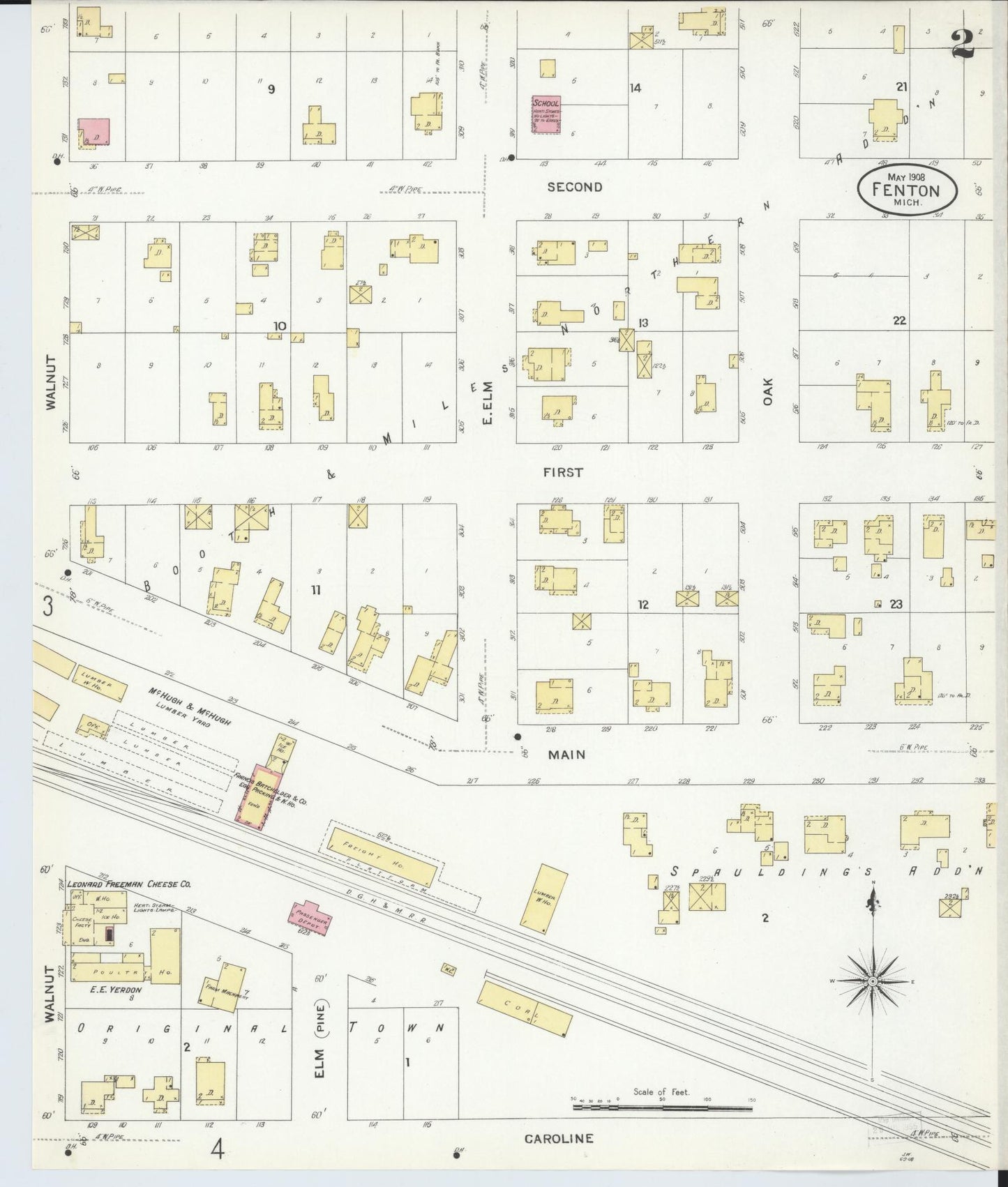 Sanborn Fire Insurance Map from Fenton, Genesee County, Michigan (1908), Sheet #0002 - Complete Map Set gallery image, historic Sanborn map, vintage wall art, Michigan Michigan