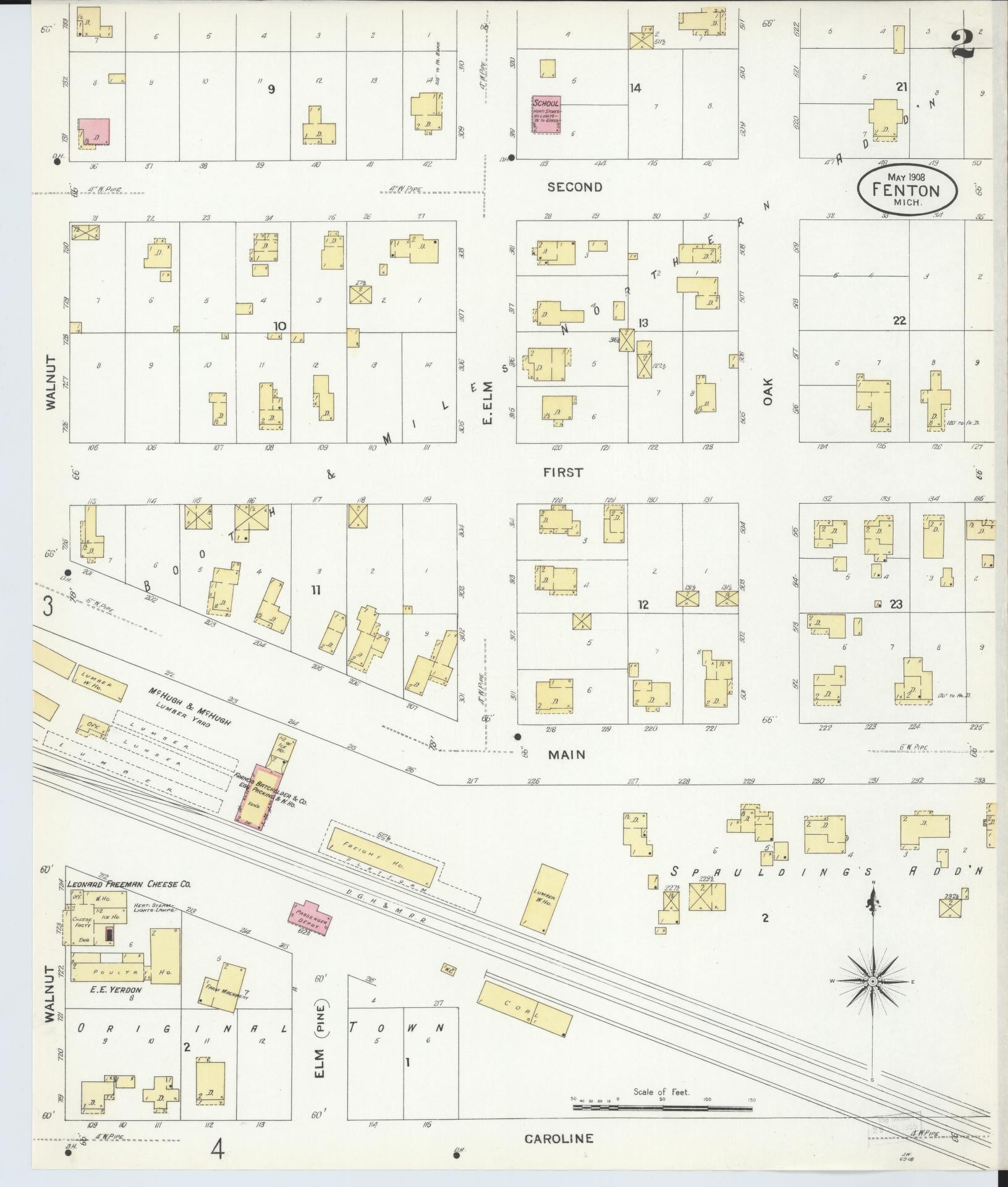 Sanborn Fire Insurance Map from Fenton, Genesee County, Michigan (1908), Sheet #0002 - Complete Map Set gallery image, historic Sanborn map, vintage wall art, Michigan Michigan