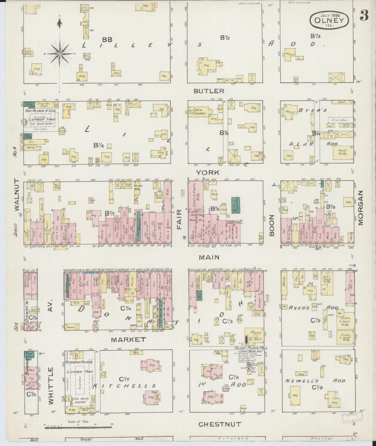 Sanborn Fire Insurance Map from Olney, Richland County, Illinois (1886), Sheet #0003 - Complete Map Set gallery image, historic Sanborn map, vintage wall art, Illinois Illinois