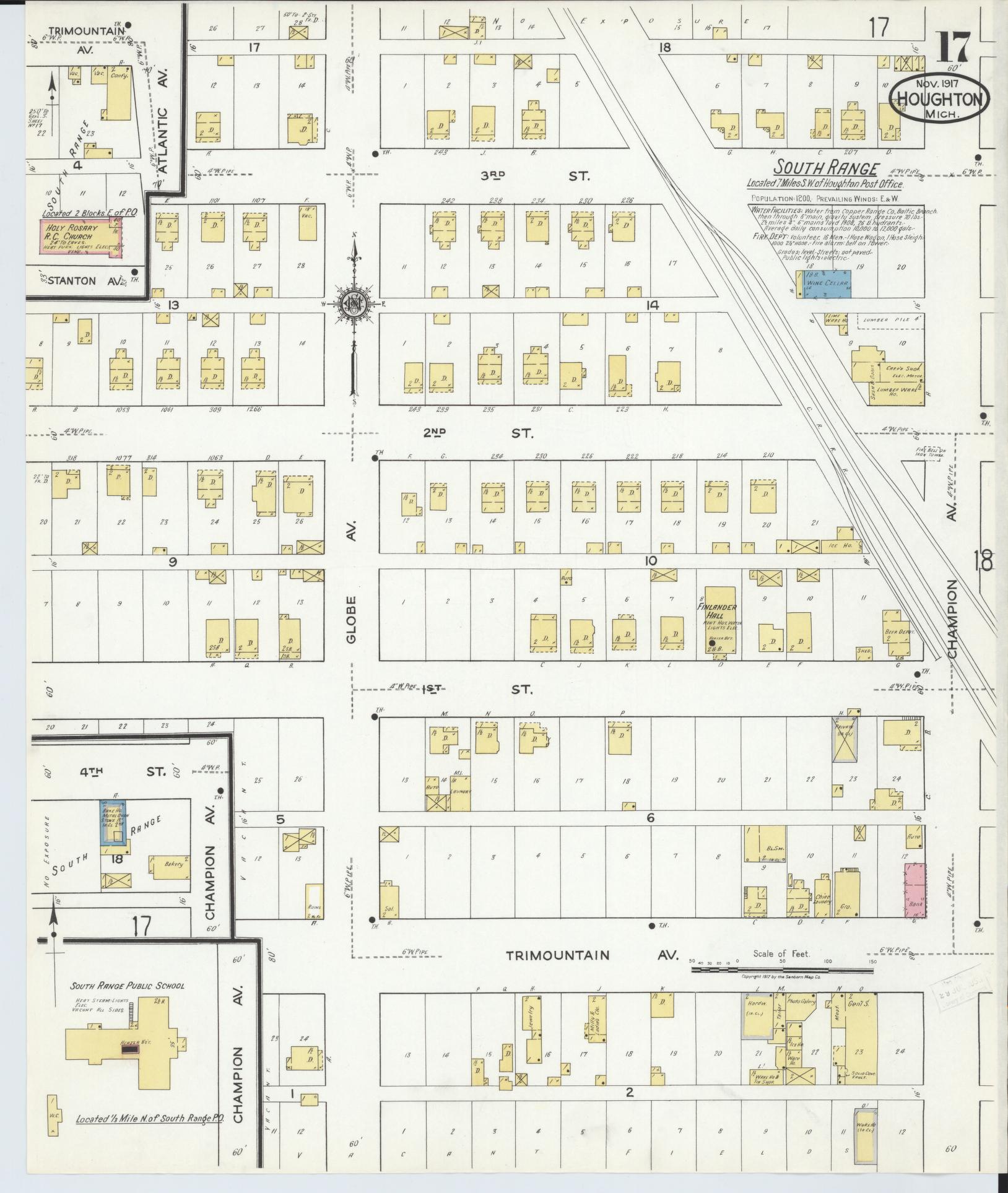 Sanborn Fire Insurance Map from Houghton, Houghton County, Michigan (1917), Sheet #0017 - Historic Sanborn Fire Insurance Map Print, vintage old map wall art, antique decor, genealogy gift, Michigan Michigan map