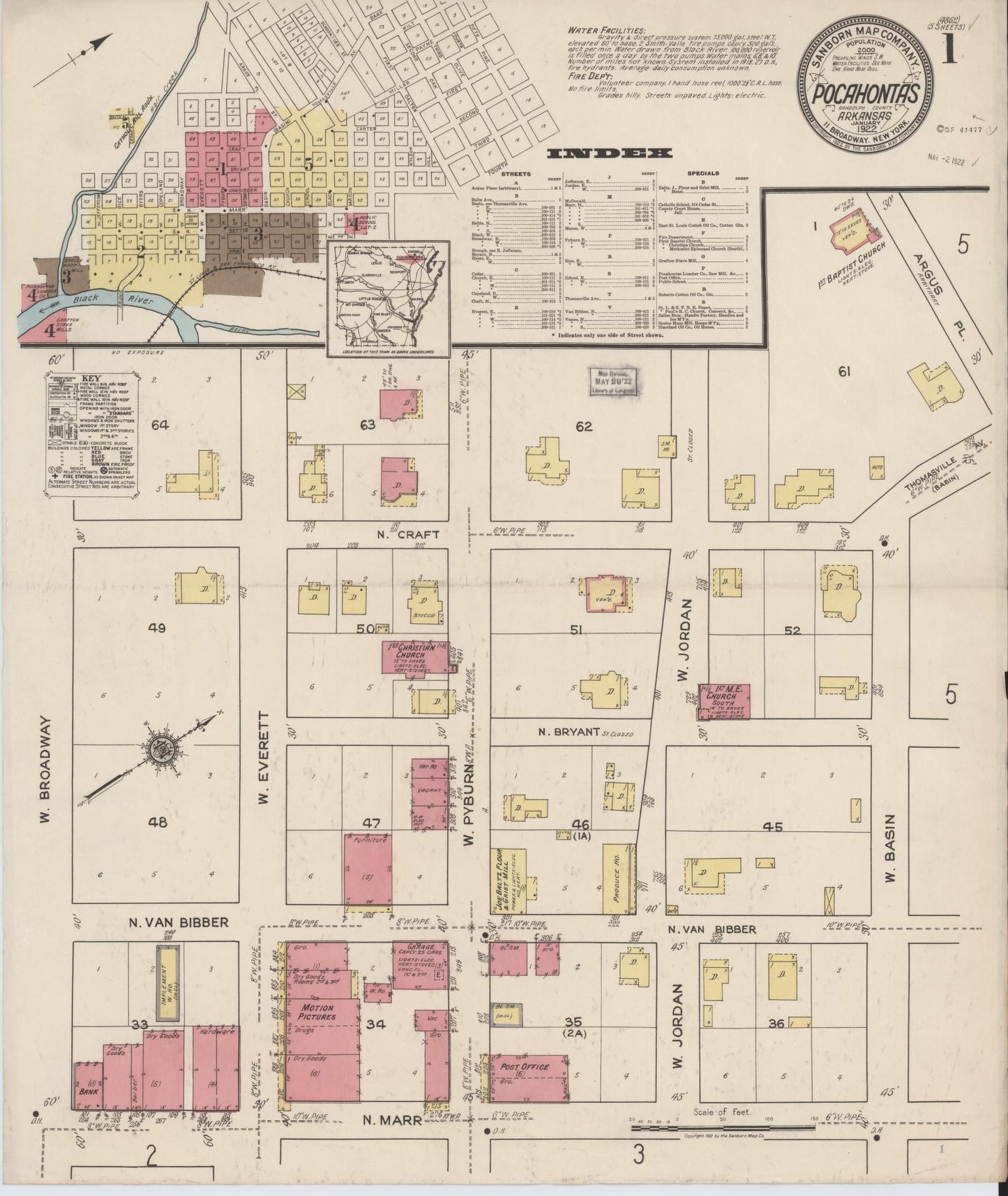 Sanborn Fire Insurance Map from Pocahontas, Randolph County, Arkansas (1922), Sheet #0001 - Historic Sanborn Fire Insurance Map Print, vintage old map wall art, antique decor, genealogy gift, Arkansas Arkansas map