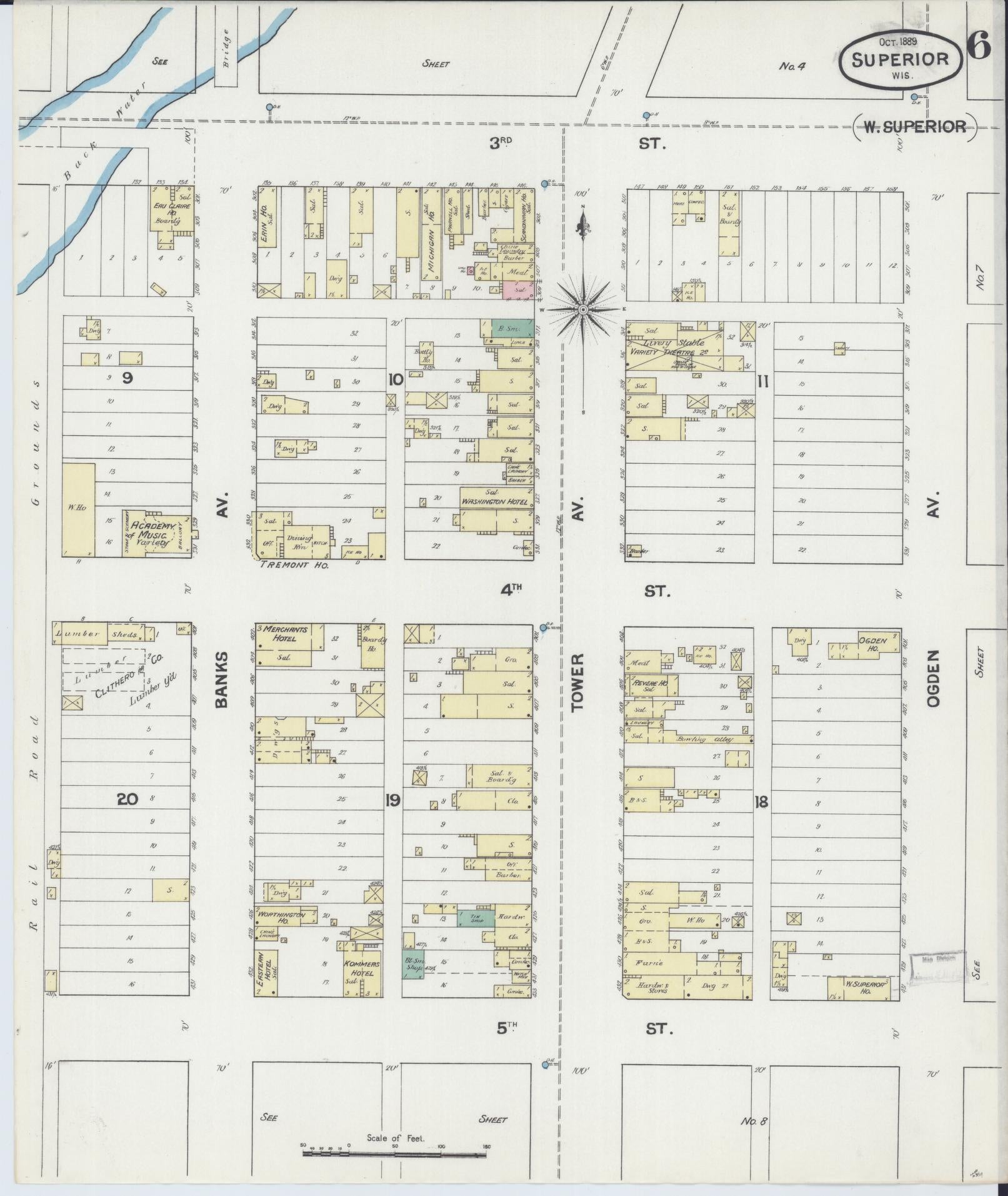 Sanborn Fire Insurance Map from Superior, Douglas County, Wisconsin (1889), Sheet #0006 - Historic Sanborn Fire Insurance Map Print, vintage old map wall art, antique decor, genealogy gift, Wisconsin Wisconsin map