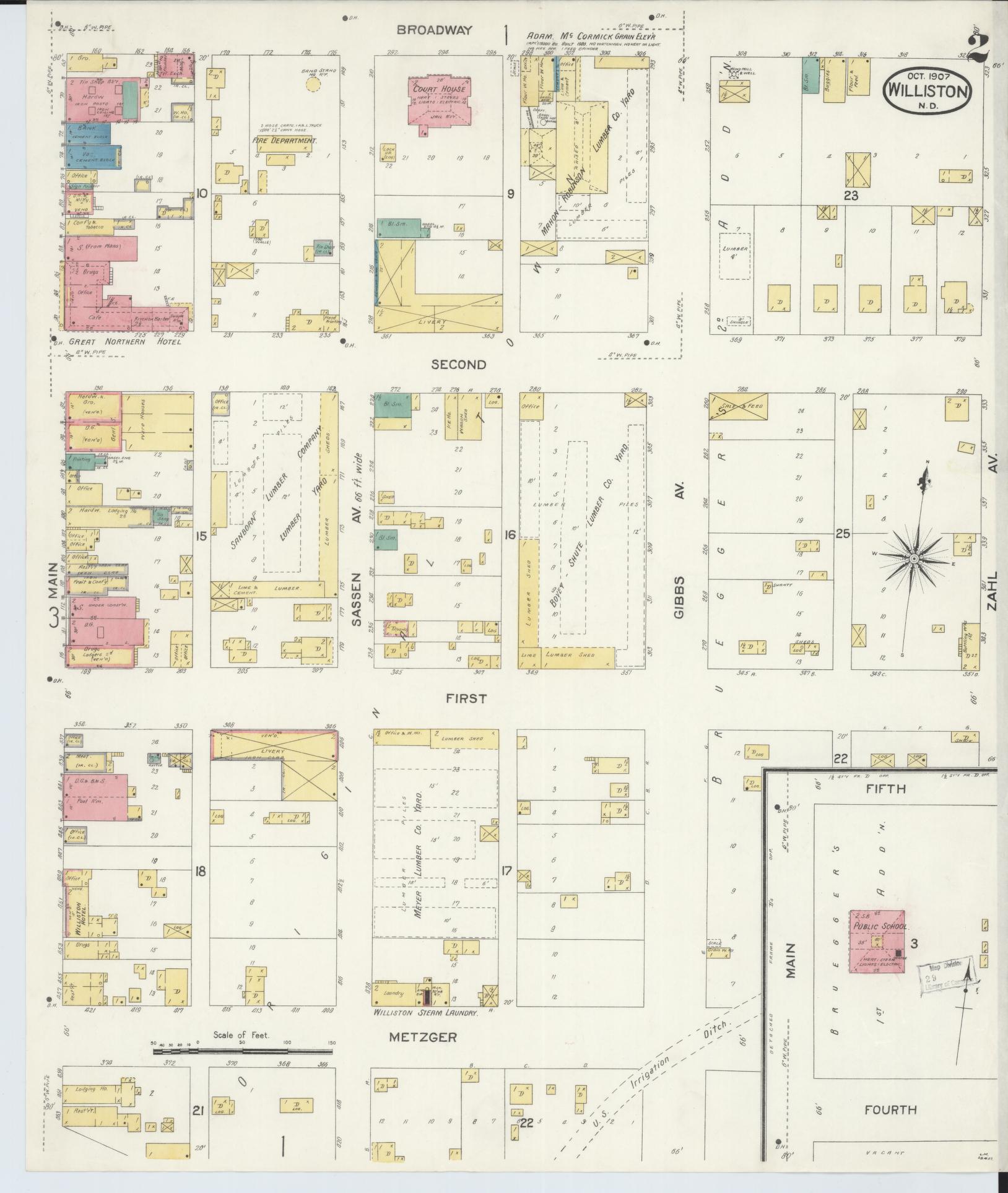 Sanborn Fire Insurance Map from Williston, Williams County, North Dakota (1907), Sheet #0002 - Complete Map Set gallery image, historic Sanborn map, vintage wall art, North Dakota North Dakota