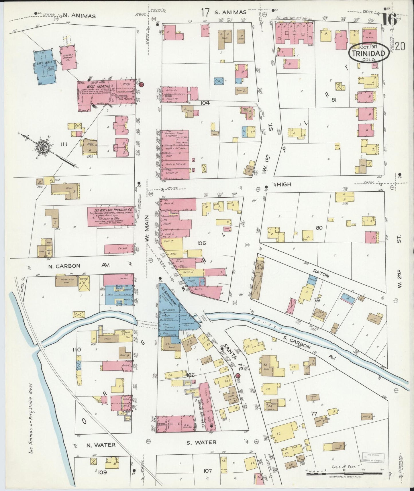 Sanborn Fire Insurance Map from Trinidad, Las Animas County, Colorado (1917), Sheet #0016 - Historic Sanborn Fire Insurance Map Print, vintage old map wall art, antique decor, genealogy gift, Colorado Colorado map