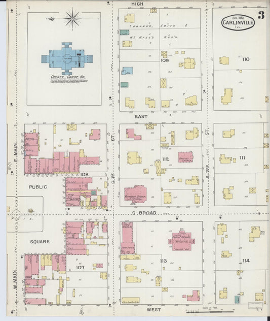 Sanborn Fire Insurance Map from Carlinville, Macoupin County, Illinois (1893), Sheet #0003 - Historic Sanborn Fire Insurance Map Print, vintage old map wall art, antique decor, genealogy gift, Illinois Illinois map
