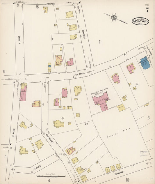 Sanborn Fire Insurance Map from Mount Airy, Surry County, North Carolina (1922), Sheet #0007 - Historic Sanborn Fire Insurance Map Print, vintage old map wall art, antique decor, genealogy gift, North Carolina North Carolina map