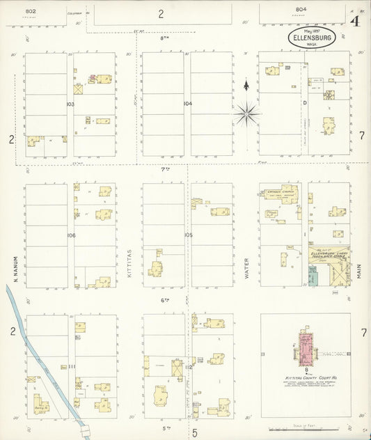 Sanborn Fire Insurance Map from Ellensburg, Kittitas County, Washington (1897), Sheet #0004 - Historic Sanborn Fire Insurance Map Print, vintage old map wall art, antique decor, genealogy gift, Washington Washington map