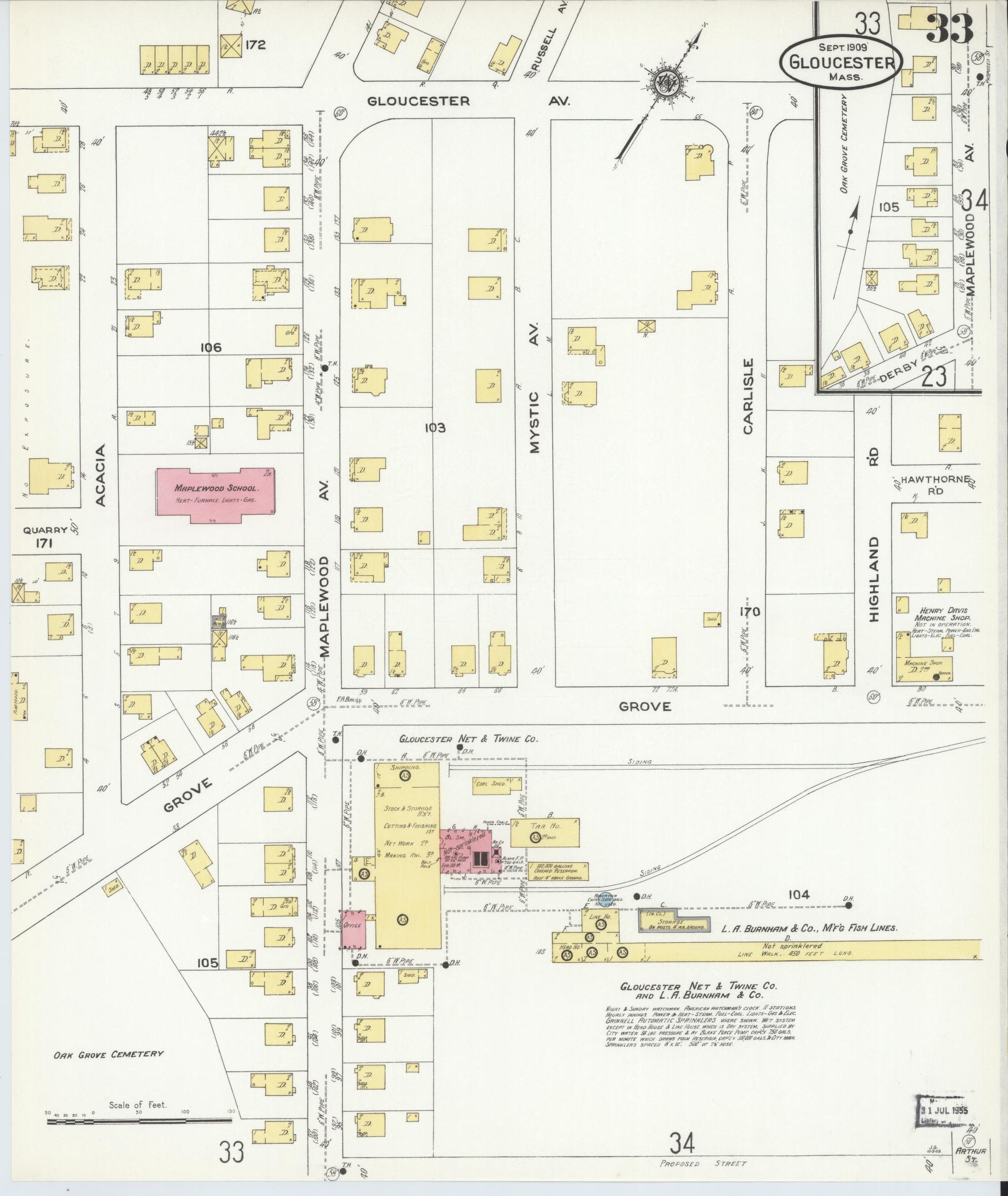Sanborn Fire Insurance Map from Gloucester, Essex County, Massachusetts (1909), Sheet #0033 - Historic Sanborn Fire Insurance Map Print, vintage old map wall art, antique decor, genealogy gift, Massachusetts Massachusetts map