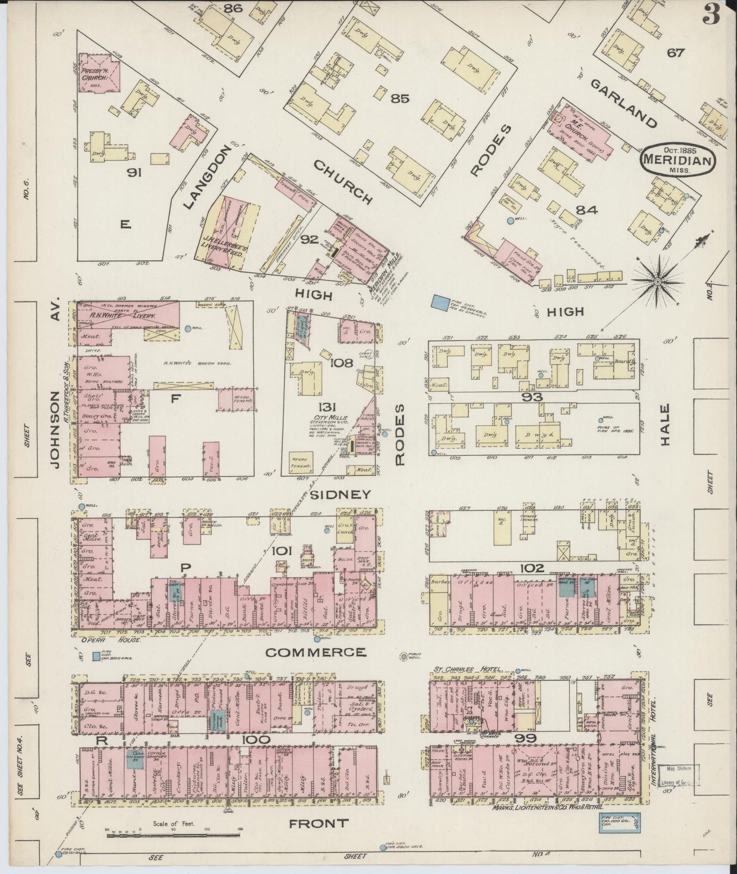 Sanborn Fire Insurance Map from Meridian, Lauderdale County, Mississippi (1885), Sheet #0003 - Complete Map Set gallery image, historic Sanborn map, vintage wall art, Mississippi Mississippi
