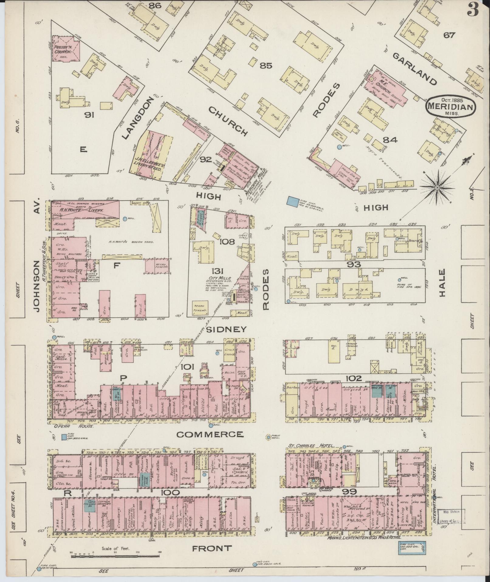 Sanborn Fire Insurance Map from Meridian, Lauderdale County, Mississippi (1885), Sheet #0003 - Complete Map Set gallery image, historic Sanborn map, vintage wall art, Mississippi Mississippi