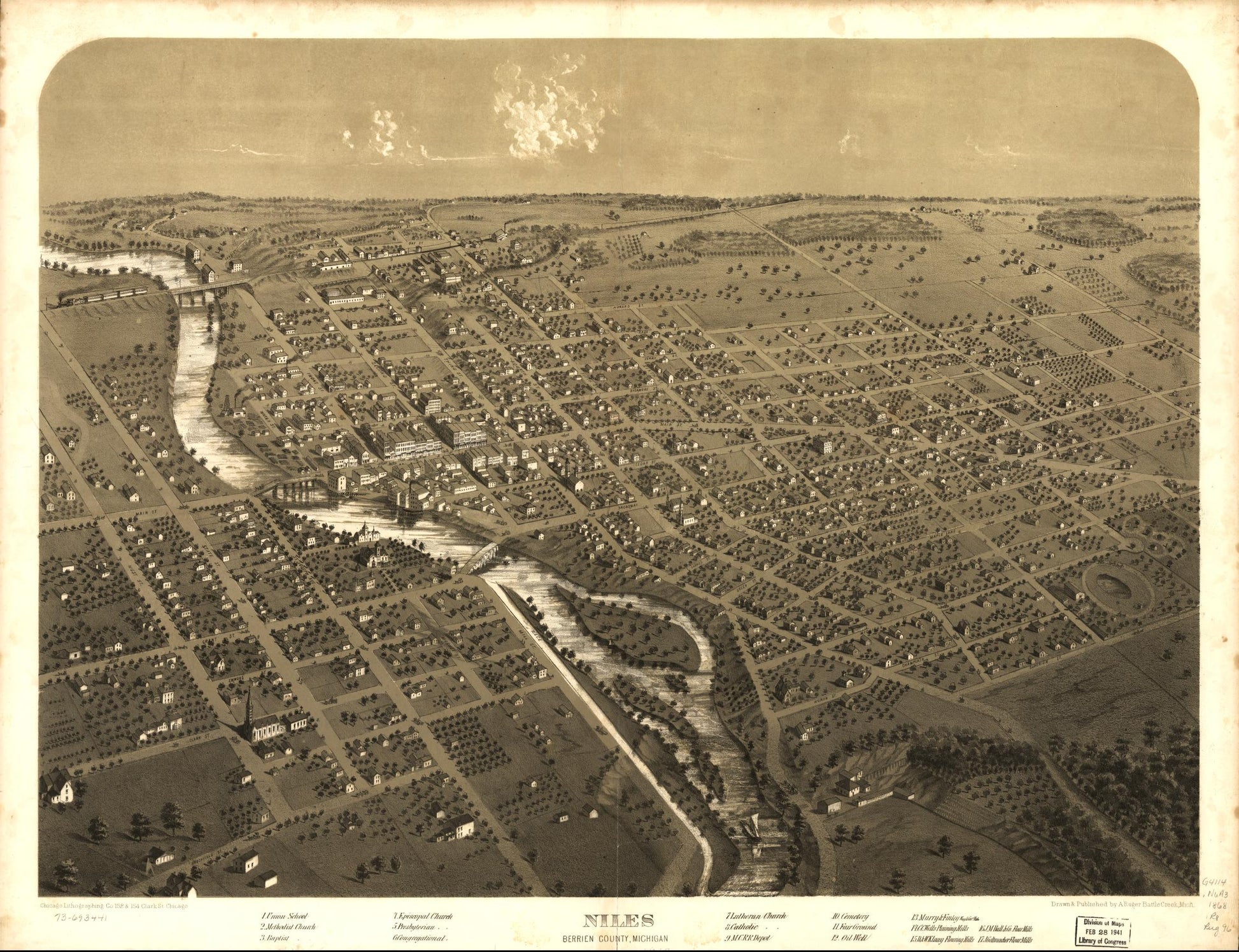Niles, Berrien County, Michigan. (1868) – Historic Bird’s-Eye View Panorama Print
