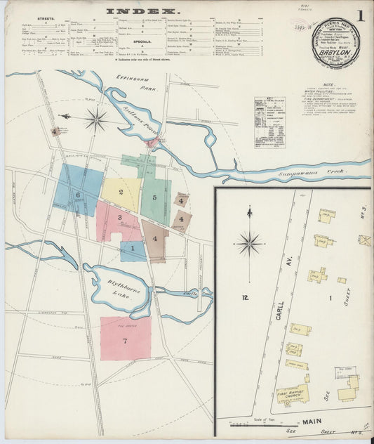 Sanborn Fire Insurance Map from Babylon, Suffolk County, New York (1890), Sheet #0001 - Historic Sanborn Fire Insurance Map Print, vintage old map wall art, antique decor, genealogy gift, New York New York map