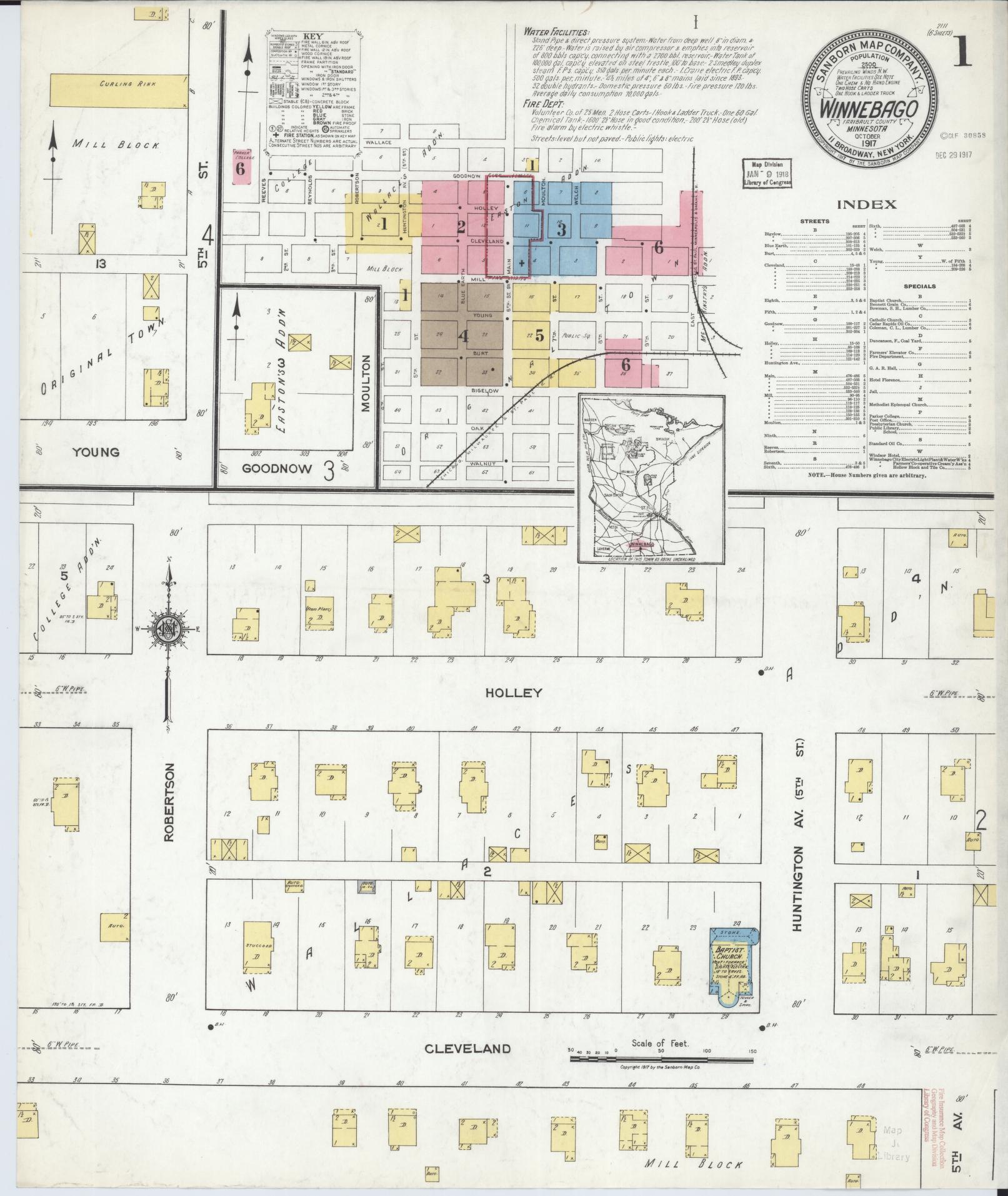 Sanborn Fire Insurance Map from Winnebago, Faribault County, Minnesota (1917), Sheet #0001 - Complete Map Set gallery image, historic Sanborn map, vintage wall art, Minnesota Minnesota