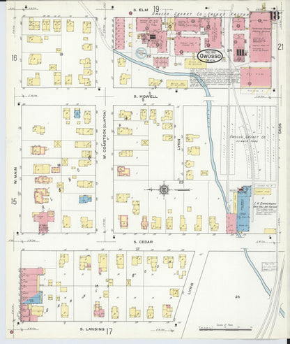 Sanborn Fire Insurance Map from Owosso, Shiawassee County, Michigan (1915), Sheet #0018 - Historic Sanborn Fire Insurance Map Print, vintage old map wall art, antique decor, genealogy gift, Michigan Michigan map