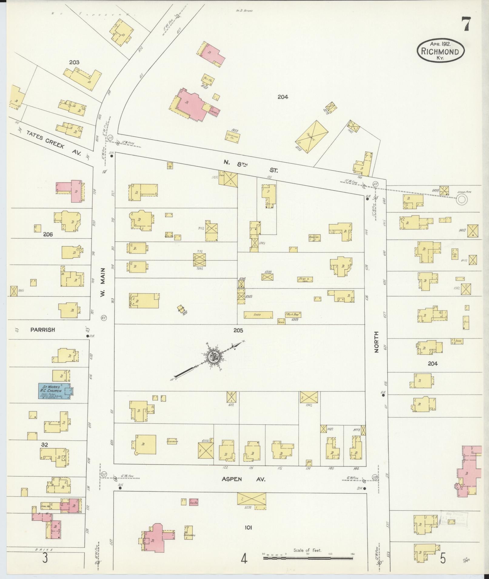 Sanborn Fire Insurance Map from Richmond, Madison County, Kentucky (1912), Sheet #0007 - Complete Map Set gallery image, historic Sanborn map, vintage wall art, Kentucky Kentucky