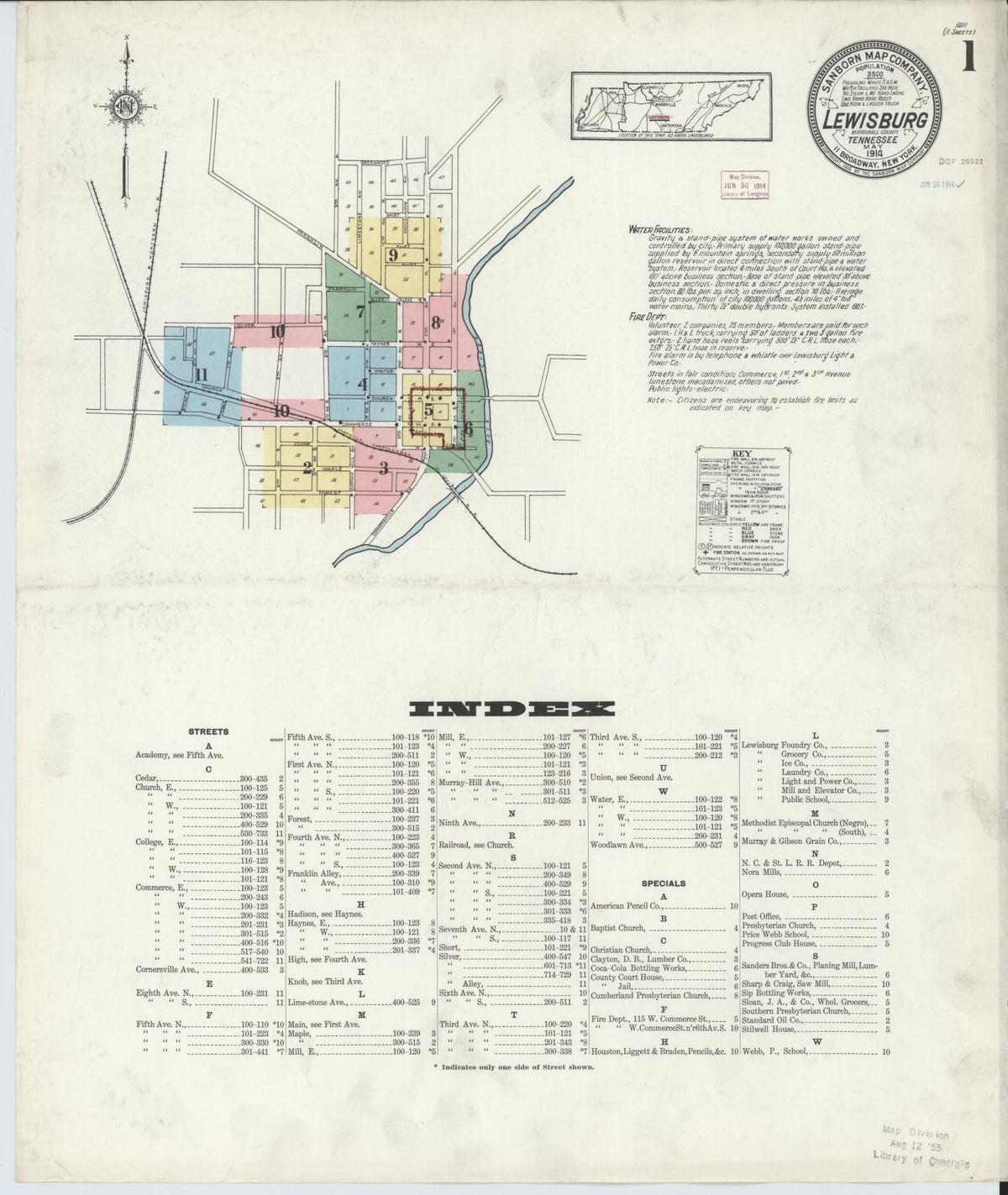 Sanborn Fire Insurance Map from Lewisburg, Marshall County, Tennessee (1914), Sheet #0001 - Historic Sanborn Fire Insurance Map Print, vintage old map wall art, antique decor, genealogy gift, Tennessee Tennessee map