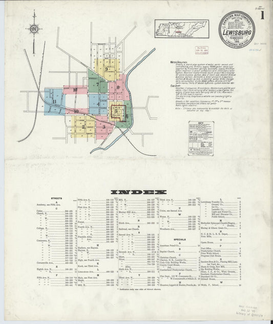 Sanborn Fire Insurance Map from Lewisburg, Marshall County, Tennessee (1914), Sheet #0001 - Historic Sanborn Fire Insurance Map Print, vintage old map wall art, antique decor, genealogy gift, Tennessee Tennessee map