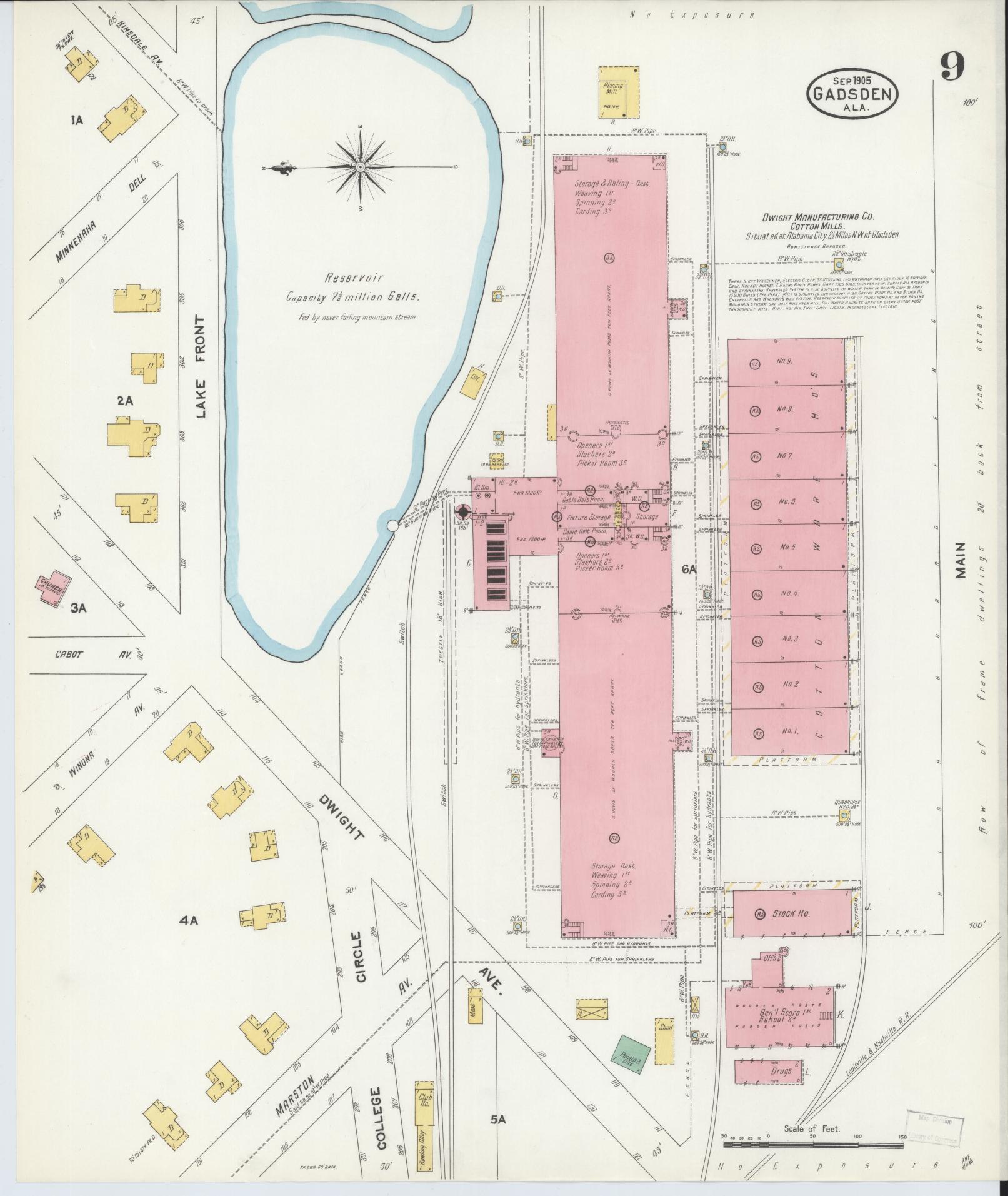 Sanborn Fire Insurance Map from Gadsden, Etowah County, Alabama (1905), Sheet #0009 - Historic Sanborn Fire Insurance Map Print, vintage old map wall art, antique decor, genealogy gift, Alabama Alabama map